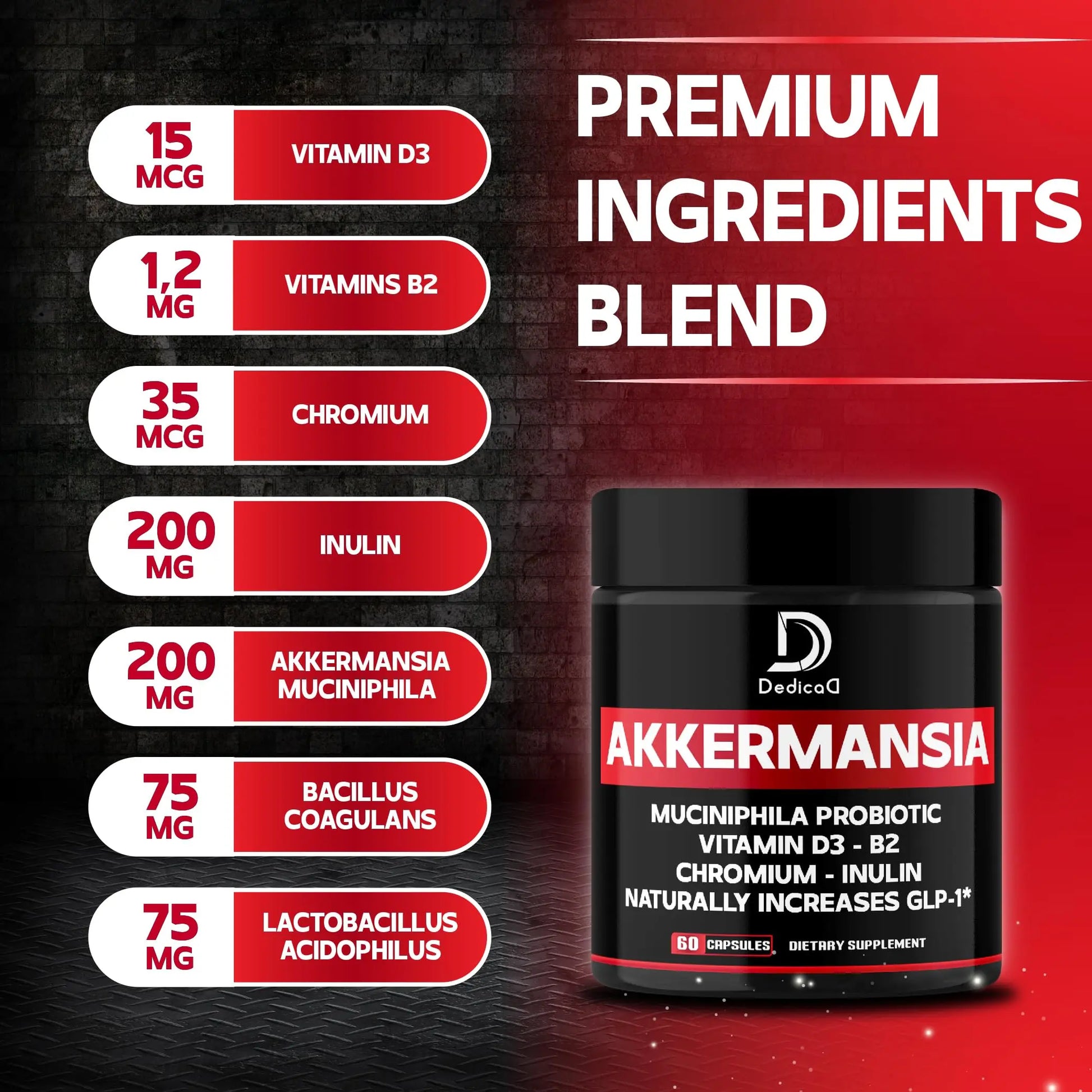 DEDICAD Akkermansia Probiotic for Increases GLP-1 - Contains Inulin, Bacillus Coagulans, Lactobacillus Acidophilus & Chromium - 60 Days Supply - 60 Capsules DEDICAD buy supplements canada