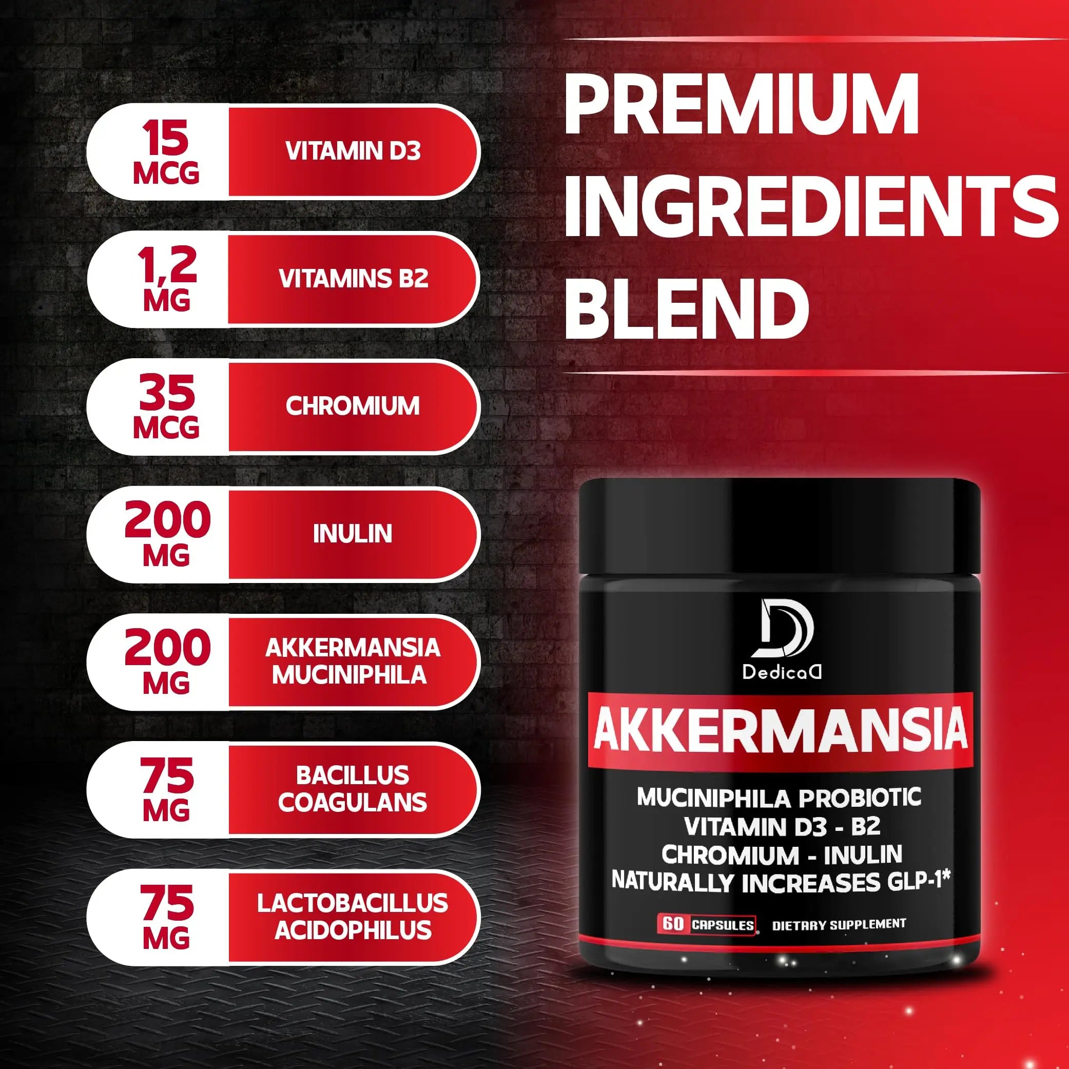 DEDICAD Akkermansia Probiotic for Increases GLP-1 - Contains Inulin, Bacillus Coagulans, Lactobacillus Acidophilus & Chromium - 60 Days Supply - 60 Capsules DEDICAD buy supplements canada