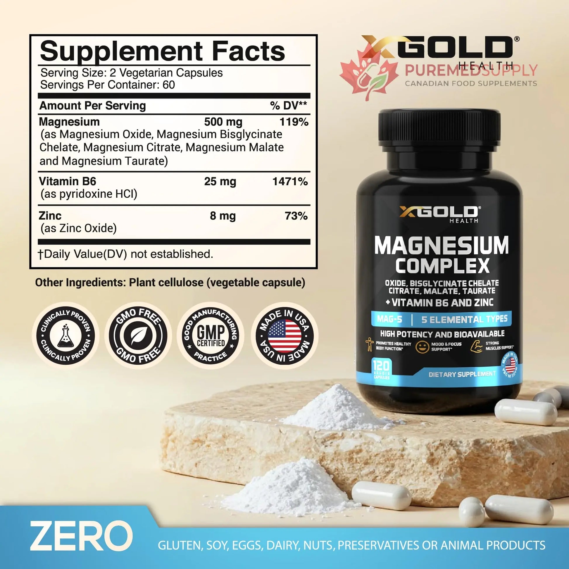 X Gold Health Magnesium Complex 5-in-1 with Zinc & B6 High Absorption Capsules (Glycinate, Citrate, Malate, Taurate, Oxide) Muscle Recovery, Energy, Sleep Support & Immune Health 500mg Made in USA X Gold Health buy supplements canada