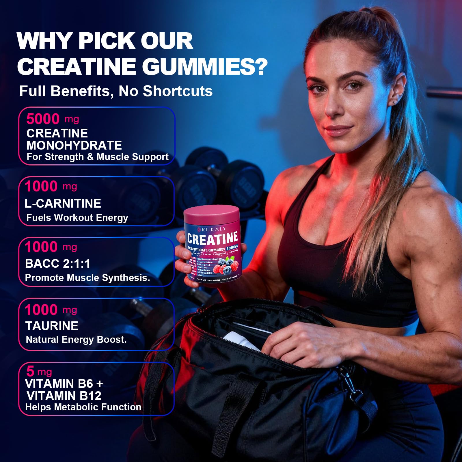 KUKALY Creatine Monohydrate Gummies for Men & Women, 8500MG Creatine Gummies Sugar Free Mixed Flavored with L-Taurine, BCAA 2:1, B12 B6 for Boost Strength ZyterX buy supplements canada