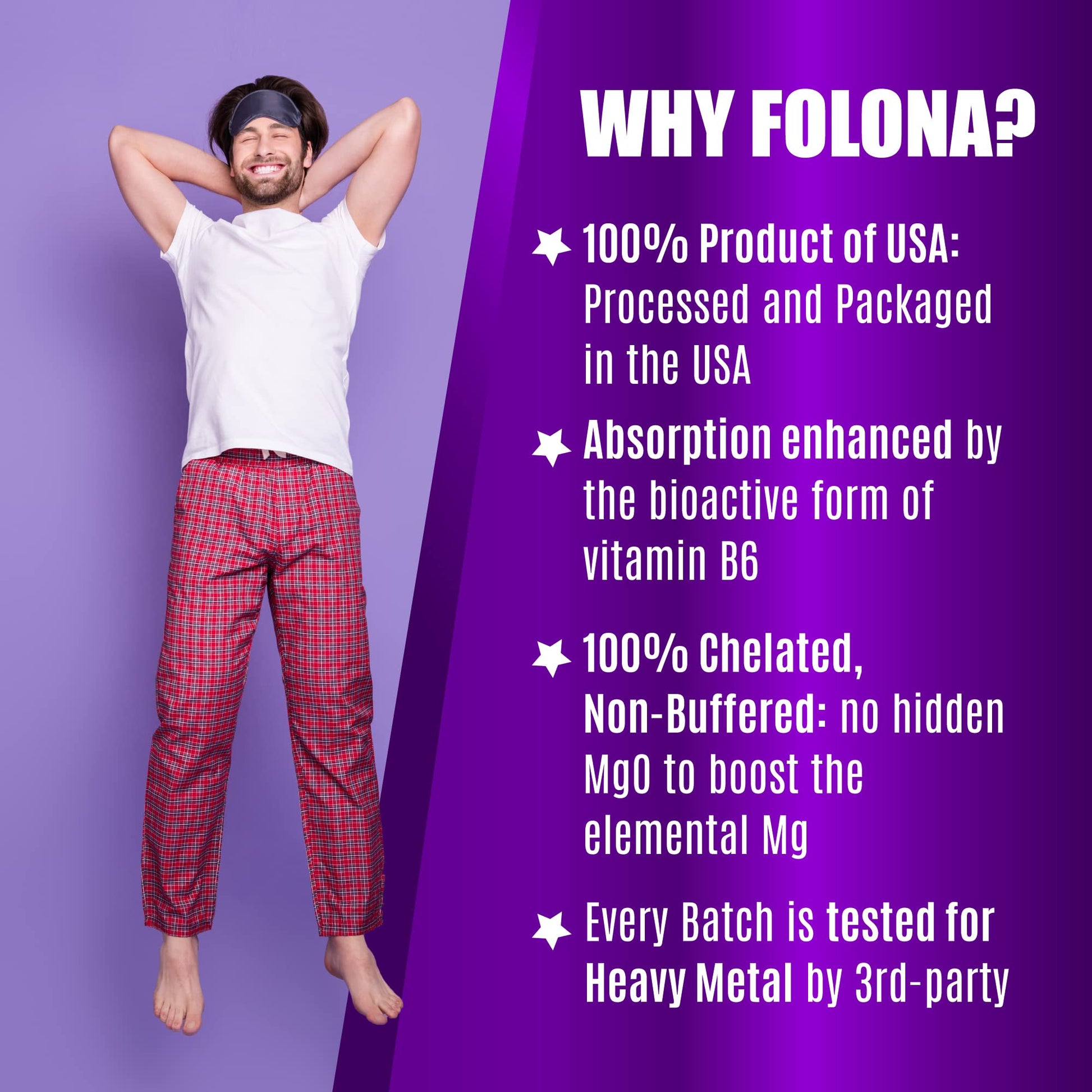 Folona Magnesium Glycinate with Vitamin B6 Research Proven to Enhance Absorption, 1350mg Fully Chelated - Supports Sleep, Stress Relief, Energy, Muscle Cramps - Gluten Free, NonGMO, 180 Vegan Capsules FOLONA buy supplements canada
