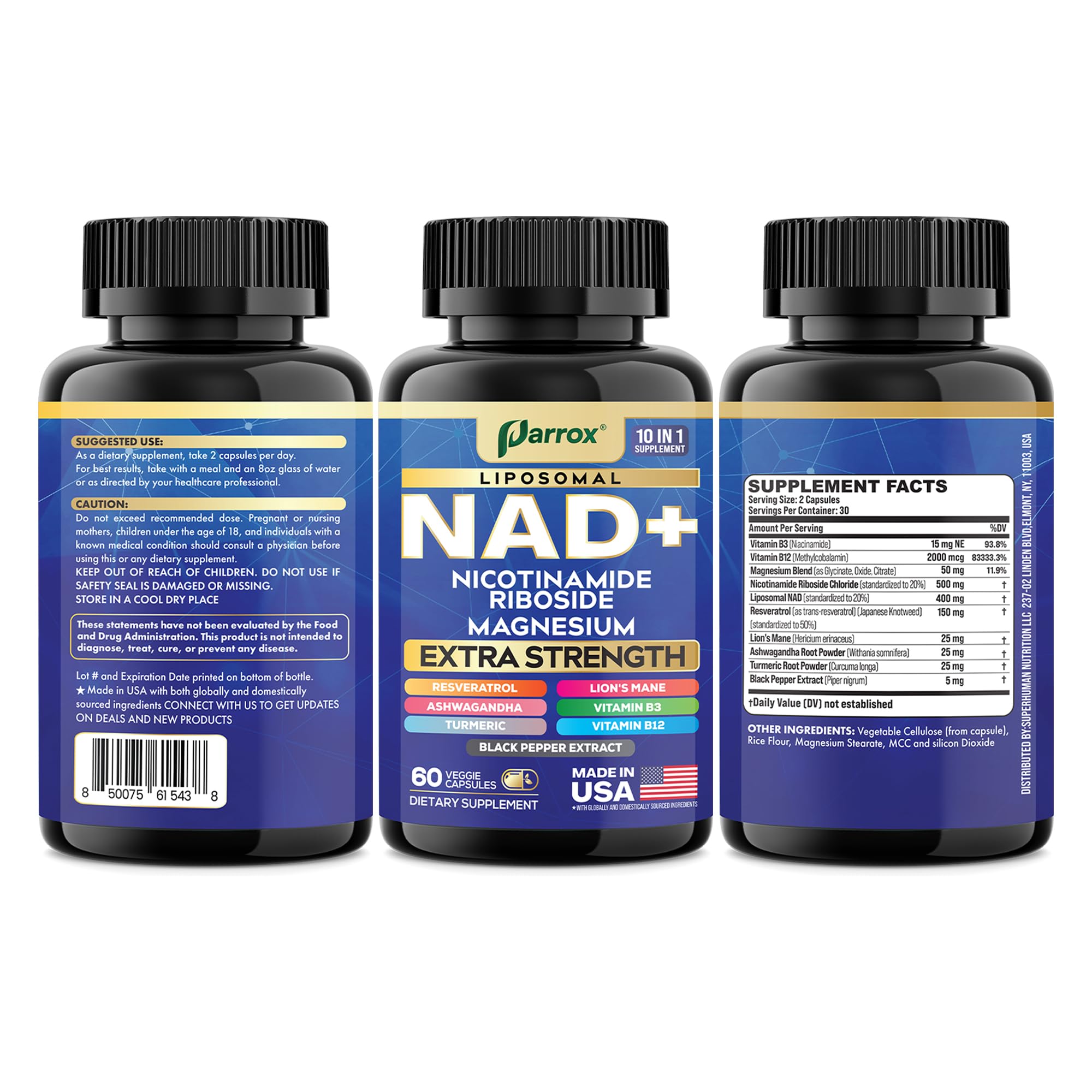 Parrox NAD+ Supplement with Liposomal NAD+, Nicotinamide Riboside, Magnesium, Vitamin B3 & B12, Resveratrol, Turmeric, Ashwagandha, Lion’s Mane,10-in-1 Extra Strength Parrox buy supplements canada