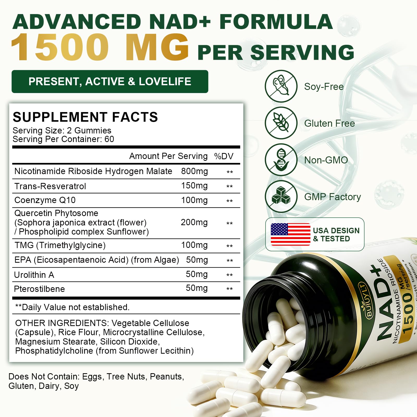 BUIUYLT NAD+ Supplement 1500mg, NR NMN Replacement with Resveratrol, Urolithin A, CoQ10 & Quercetin for Cellular Energy, Healthy Aging & Stamina for Women & Men - 120 Capsules BUIUYLT buy supplements canada