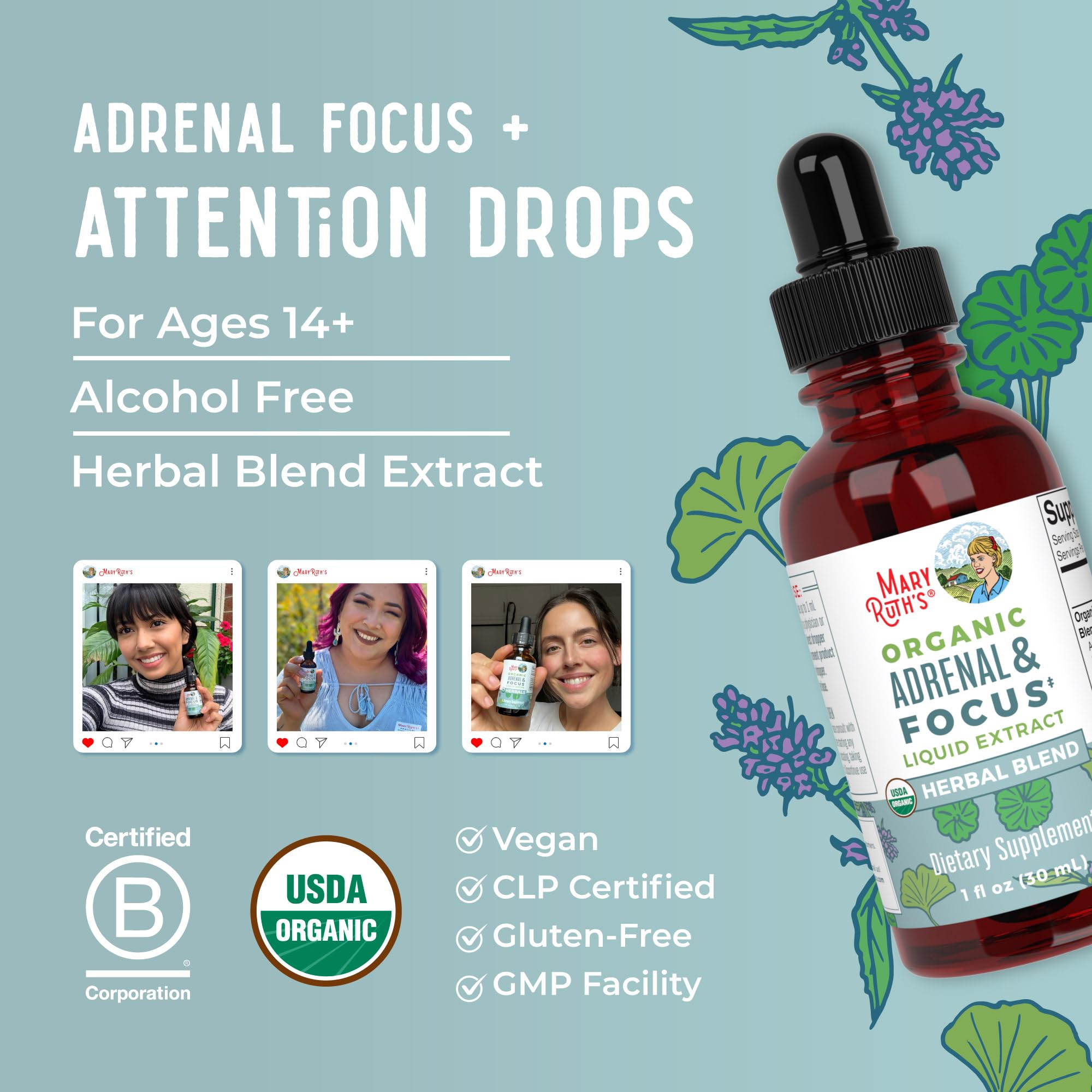 MaryRuth Organics - USDA Organic Brain Nootropic Supplement for Adults with Ginkgo Biloba & Astragalus | Focus & Adrenal Support | Brain & Memory Drops | Vegan | Non-GMO | Gluten Free | 30 Servings MARYRUTH'S buy supplements canada