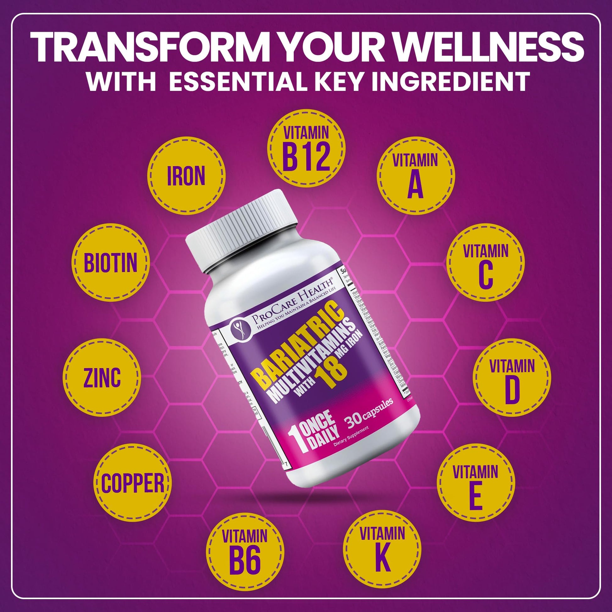 ProCare Health Bariatric Multivitamin with Iron 18mg (30 Easy to Swallow Capsules) - Post Op Bariatric Vitamins ProCare Health buy supplements canada