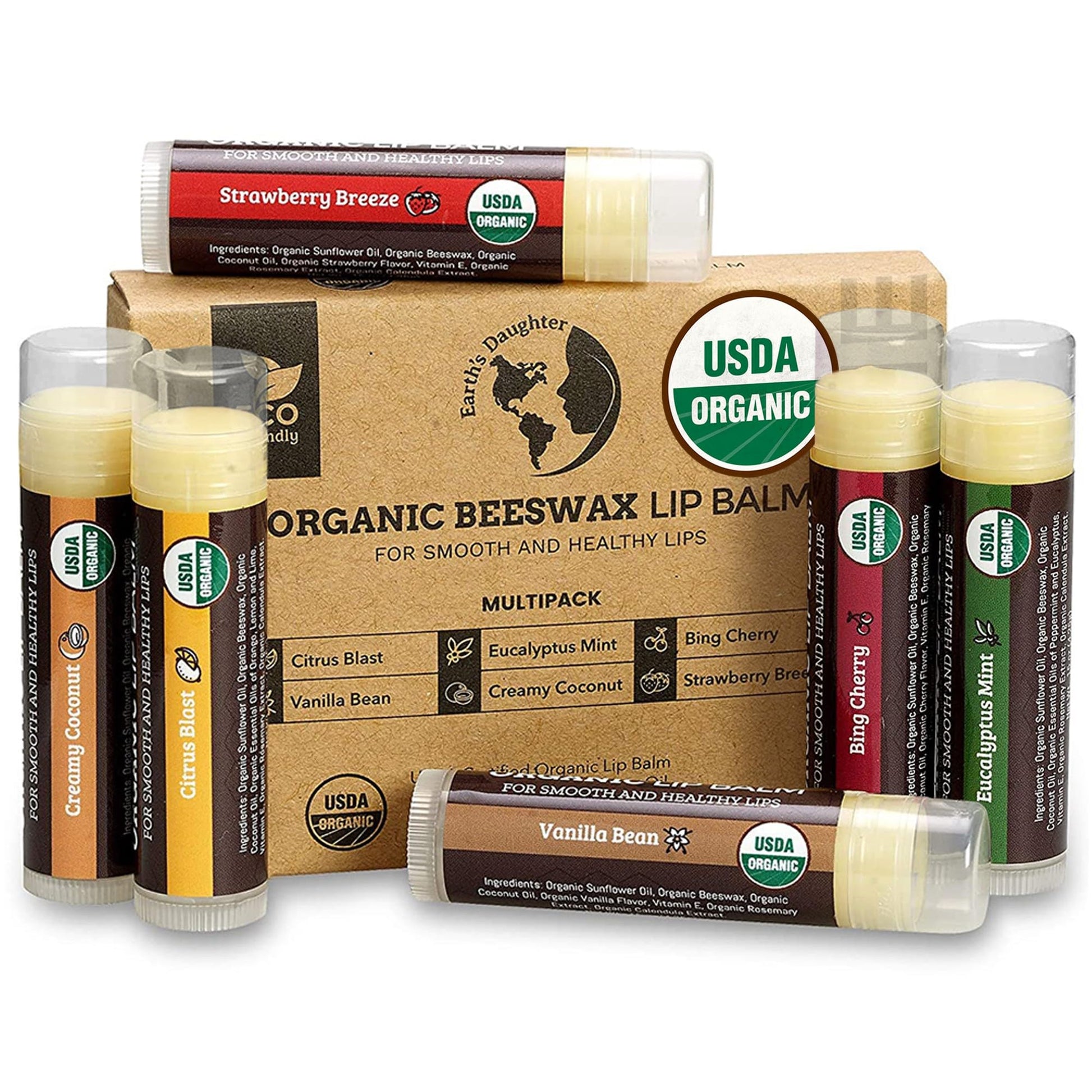 Earth's Daughter USDA Organic Lip Balm 6-Pack - Fruit Flavors, Beeswax, Coconut Oil, Vitamin E - Best Lip Repair Earth's Daughter buy supplements canada