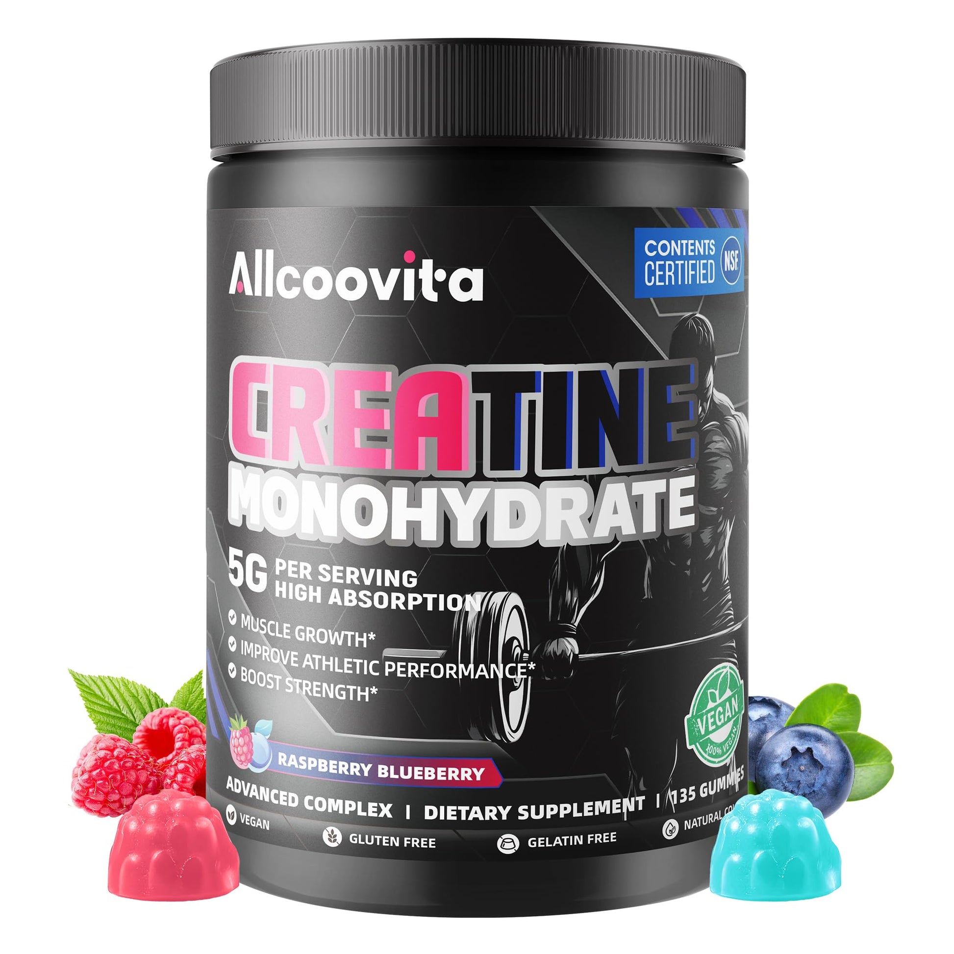 NSF Certified Creatine Gummy 5g - Creatine Monohydrate Gummies for Men & Women. Boost Focus,Strength, and Endurance, Anti-Melting Formula, Vegan, Gluten-Free, Non-GMO,(Raspberry & Blueberry 135 ct) Allcoovita buy supplements canada