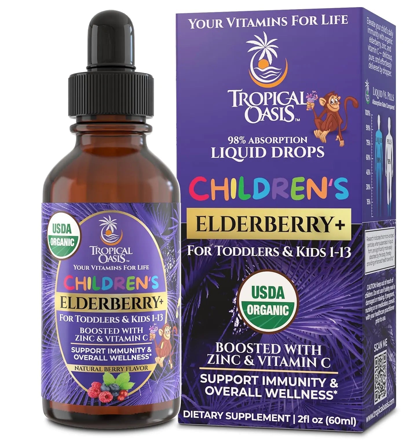Tropical Oasis USDA Organic Liquid Vitamin Drops with Elderberry, Vitamin C and Zinc for Toddlers & Kids | Sugar Free | Vegan | Non-GMO | 2 Fl Oz Tropical Oasis buy supplements canada