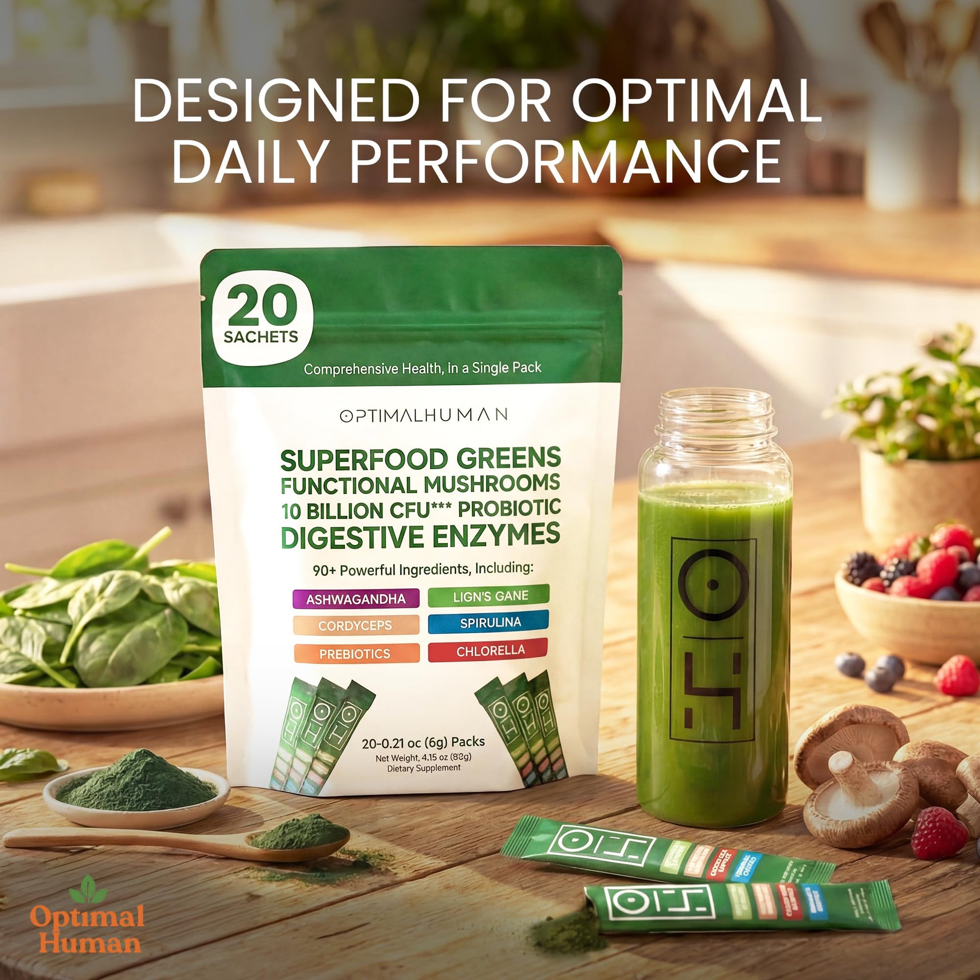 Optimal Human Superfood Greens Powder – 90+ Ingredient Blend with Lion’s Mane Supplement, Ashwagandha & Turmeric – Non-GMO, Soy-Free, Mushroom Supplements for Women – 20 Sachets O H buy supplements canada