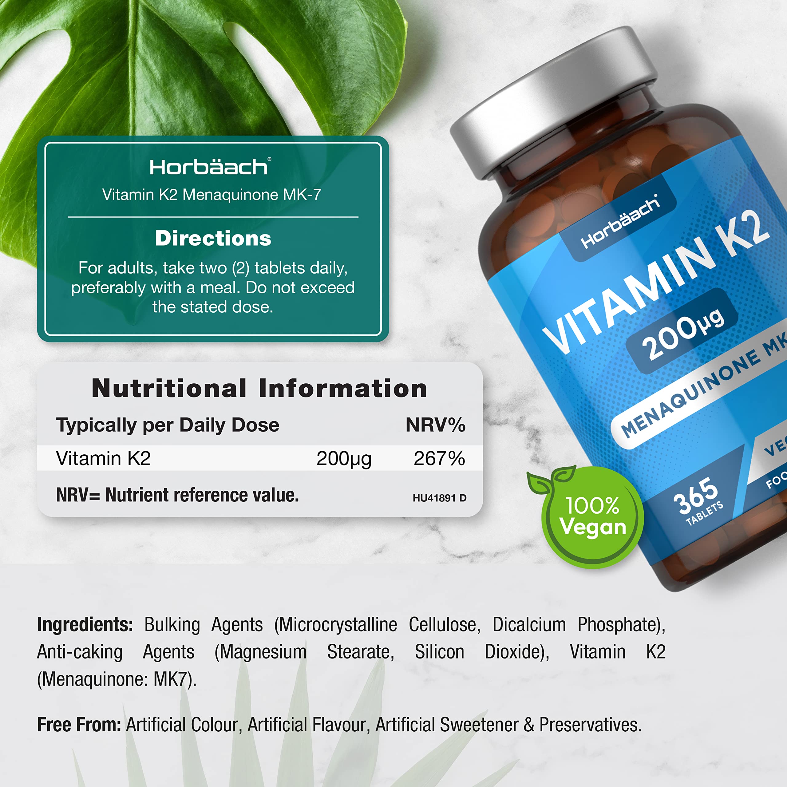 Vitamin K2 MK7 200ug | 365 Vegan Tablets | High Strength Menaquinone MK-7 Horbäach buy supplements canada
