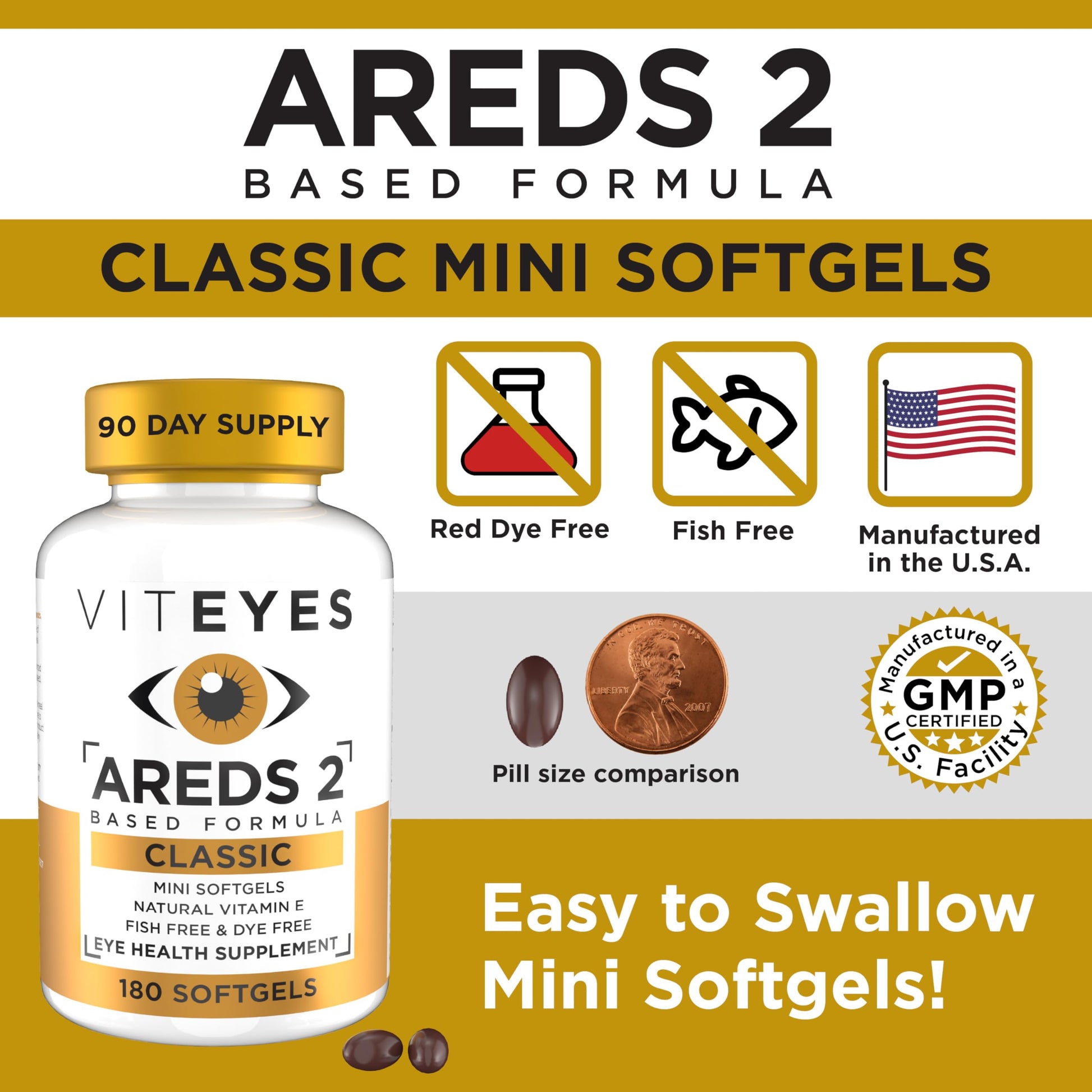 Viteyes AREDS 2 Classic Macular Health Formula Softgels, Eye Health Vitamin to Support Macular Health, Lower Zinc, Eye Vitamins, Macular Vitamins, Beta-Carotene Free, 180 Softgels Viteyes buy supplements canada