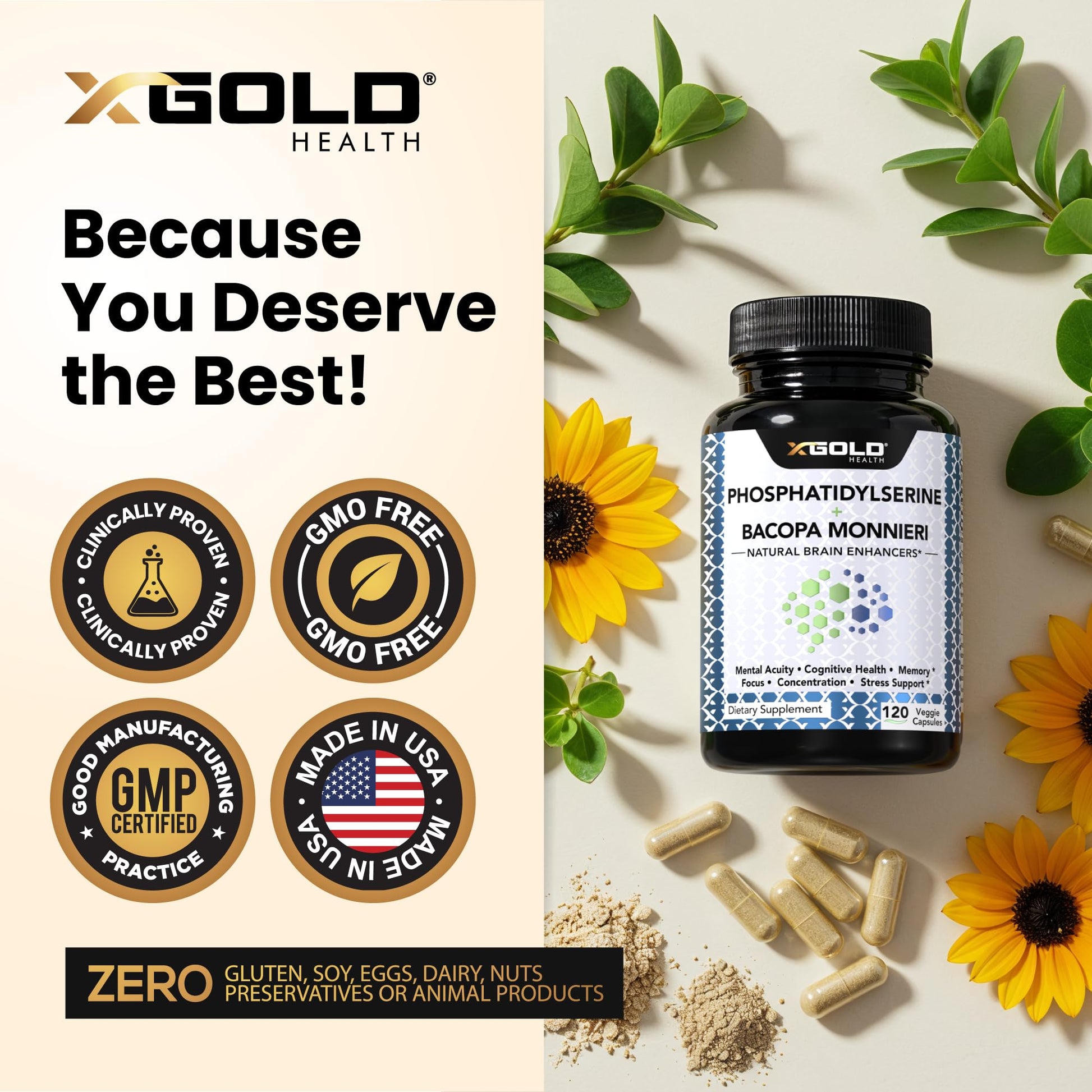 PhosphatidylSerine & Bacopa Monnieri 800 mg 2 in 1 Supplement - Natural Brain Enhancer/Nootropic for Enhanced Focus and Concentration, Memory Support, & Cognitive Function - 120 Vegetarian Capsules X Gold Health buy supplements canada