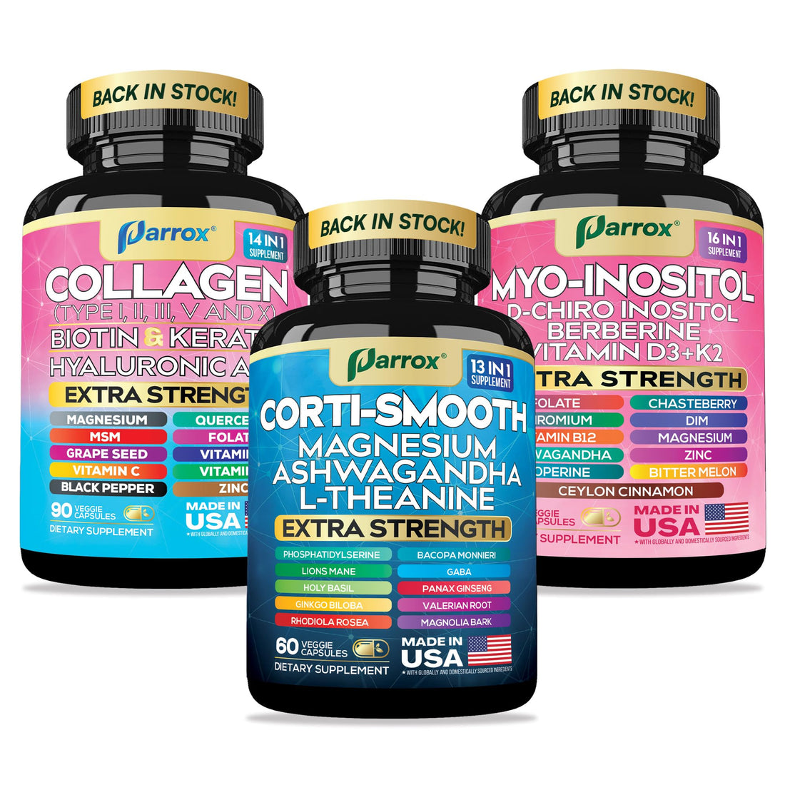 Parrox She Shines Set - Collagen Peptides Types I, II, III, V, X, Biotin, Keratin, Myo Inositol & D-Chiro Inositol, Berberine, Cortisol Support, Magnesium, Ashwagandha, L-Theanine, Lions Mane Parrox buy supplements canada