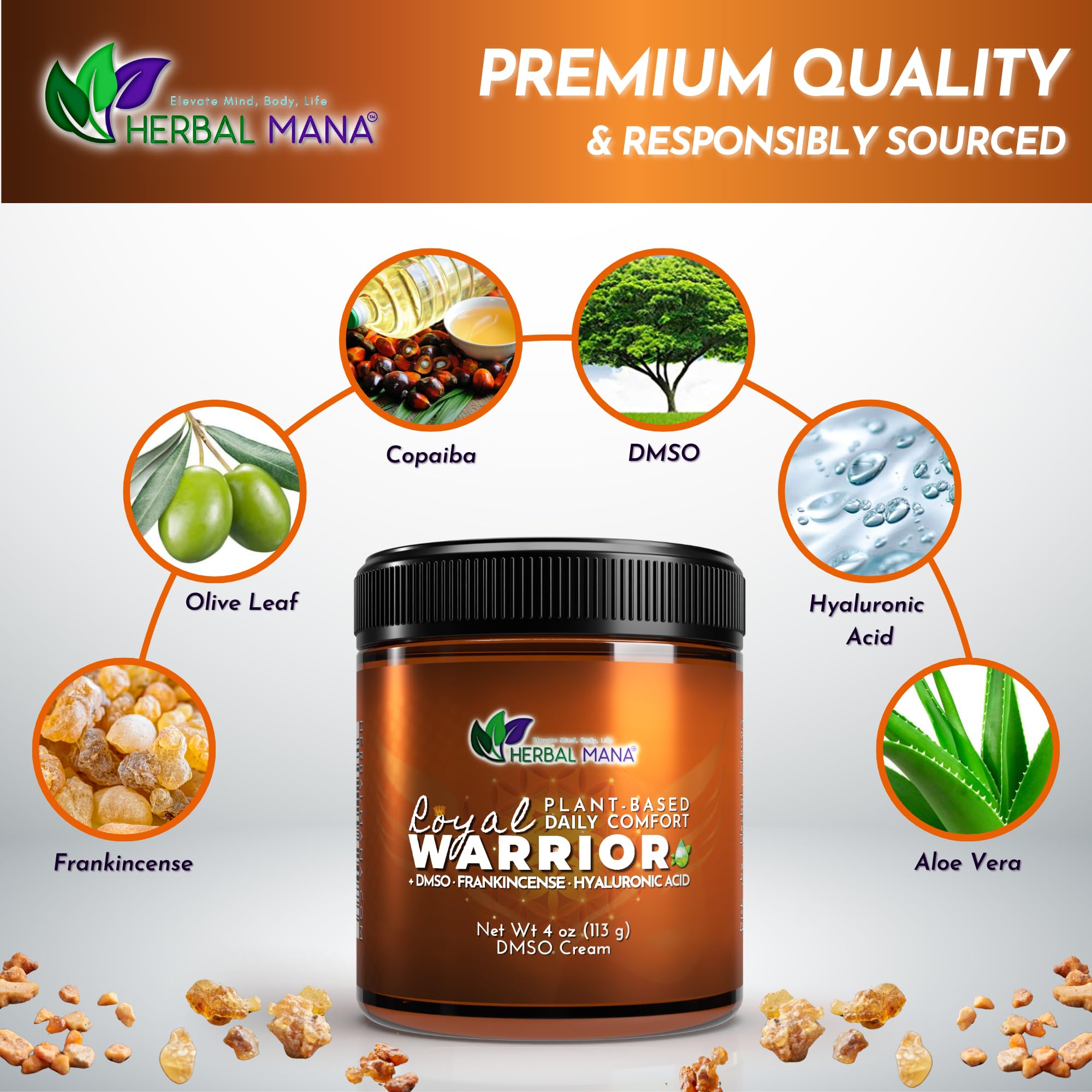 Herbal Mana Frankincense DMSO Body Cream with Magnesium & Hyaluronic Acid | Royal Warrior Herbal Mana buy supplements canada