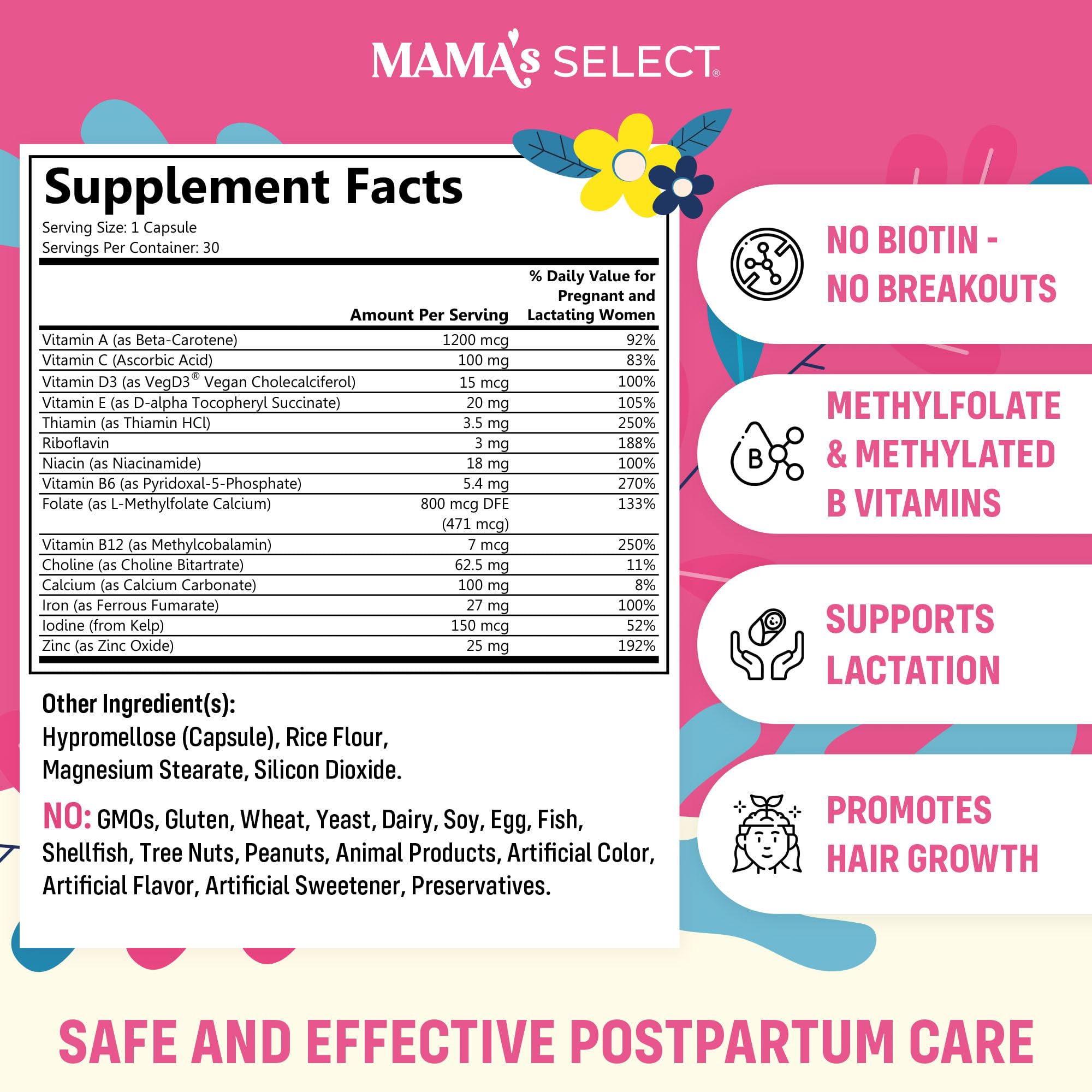 Mama's Select Postnatal Vitamins – Boosts Hair Recovery, Milk Supply, & Wellness – Allergen-Free, Vegan, MTHFR Friendly, Methylated Folate & B Vitamins, Mama's Select buy supplements canada
