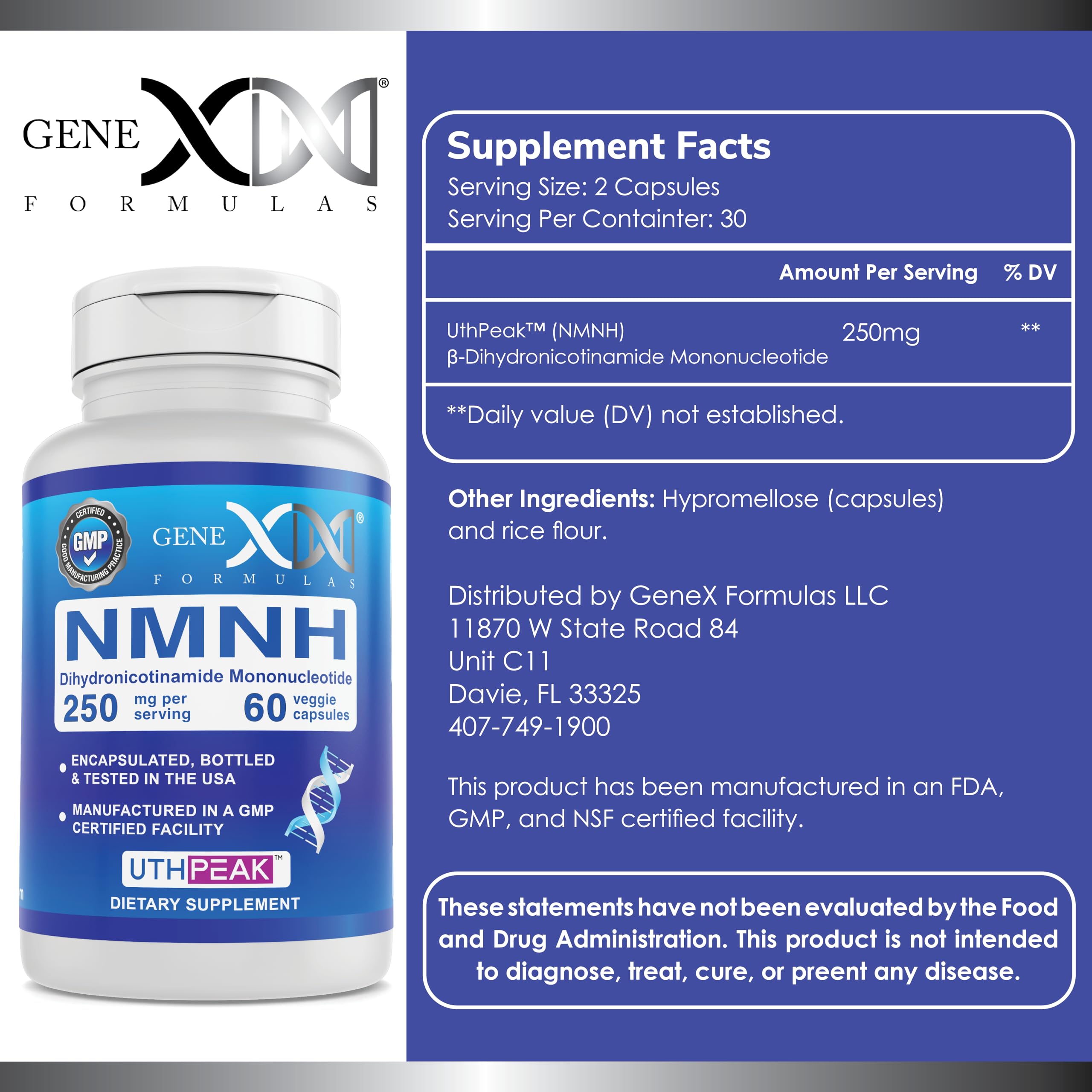 Genex Formulas 250mg NMNH (60 Capsules - 30 Servings) | Uthpeak™ NMNH (Dihydronicotinamide Mononucleotide) NAD+ Precursor for Healthy Aging - Non-GMO, Gluten-Free, Vegetarian Genex Formulas buy supplements canada