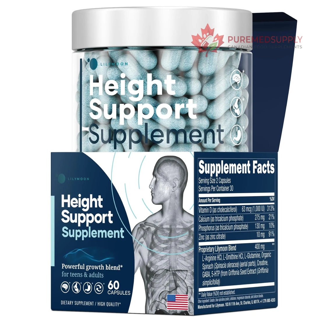Height & Bone Support Supplement - Premium Height Growth Supplement for Kids & Teens with Calcium - Nutritional Support Bone Health Formula - Height Increase Essential Vitamins - 60 Caps LM LILYNUTRAMOON buy supplements canada