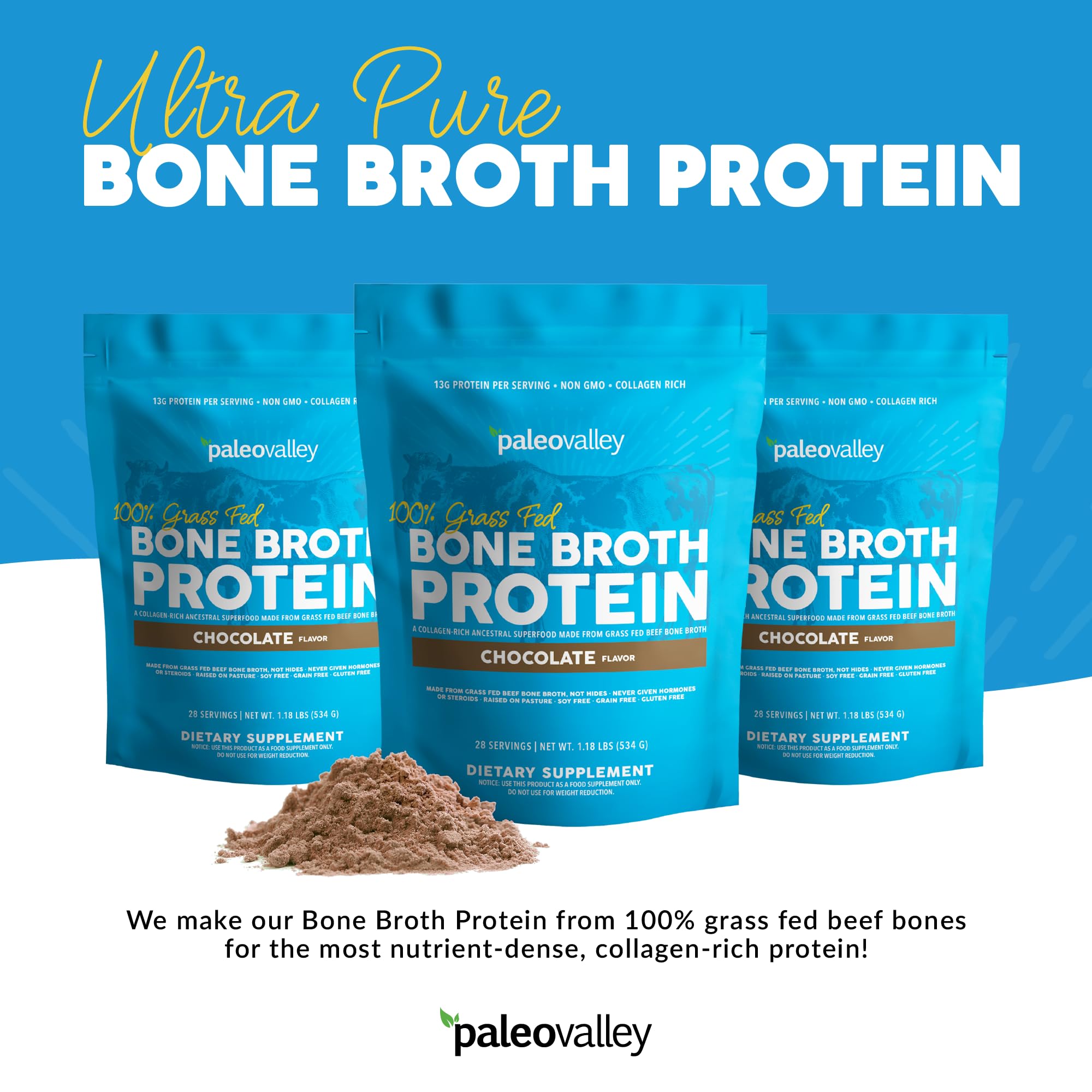 Paleovalley 100% Grass Fed Bone Broth Protein Powder - Chocolate - Rich in Collagen Paleovalley buy supplements canada