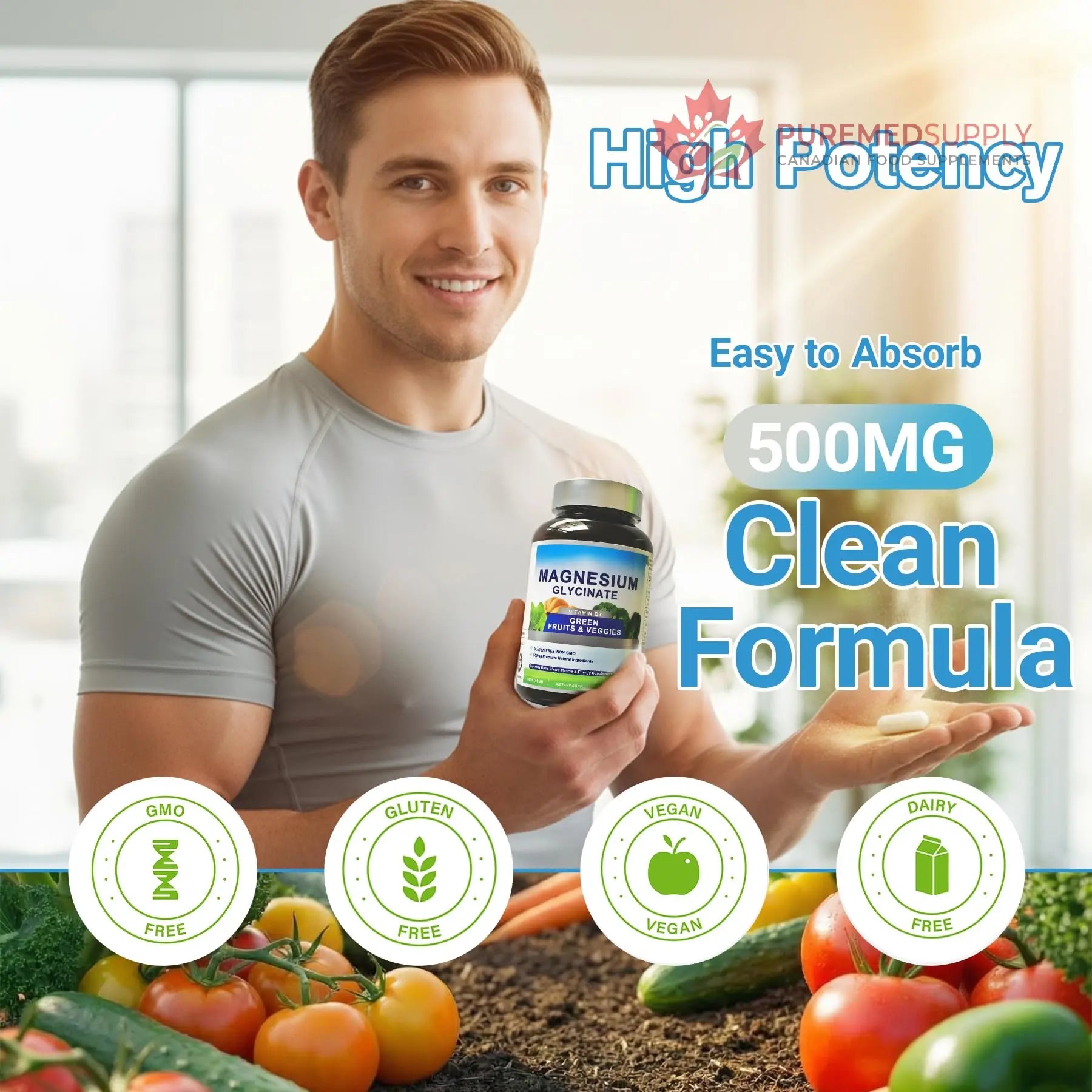 Magnesium Glycinate 500mg with Vitamin D3 – High Absorption Magnesium Supplement with Veggies Design – Supports Bone & Muscle Function and Energy – Non-GMO, Gluten-Free – 120 Veg Capsules FrexNutri buy supplements canada