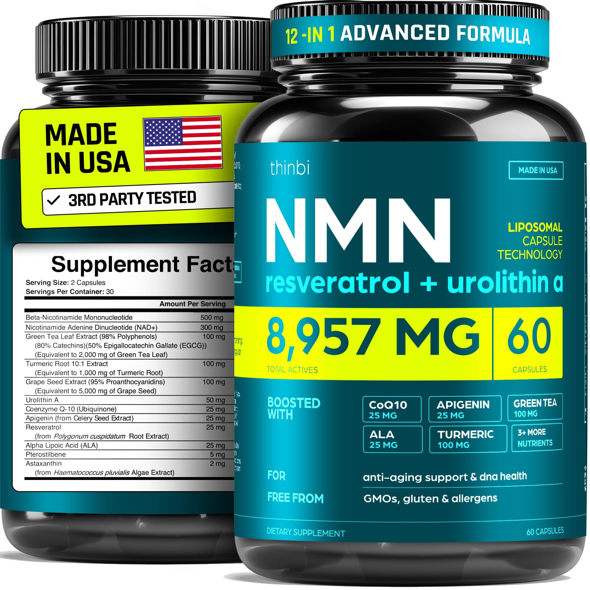 NMN Supplement 8957mg with Real NAD+ Not Just a Booster | Urolithin A, Resveratrol, CoQ10, Alpha Lipoic Acid, Green Tea Extract | Cellular Longevity & Energy Support for Men & Women Thinbi buy supplements canada