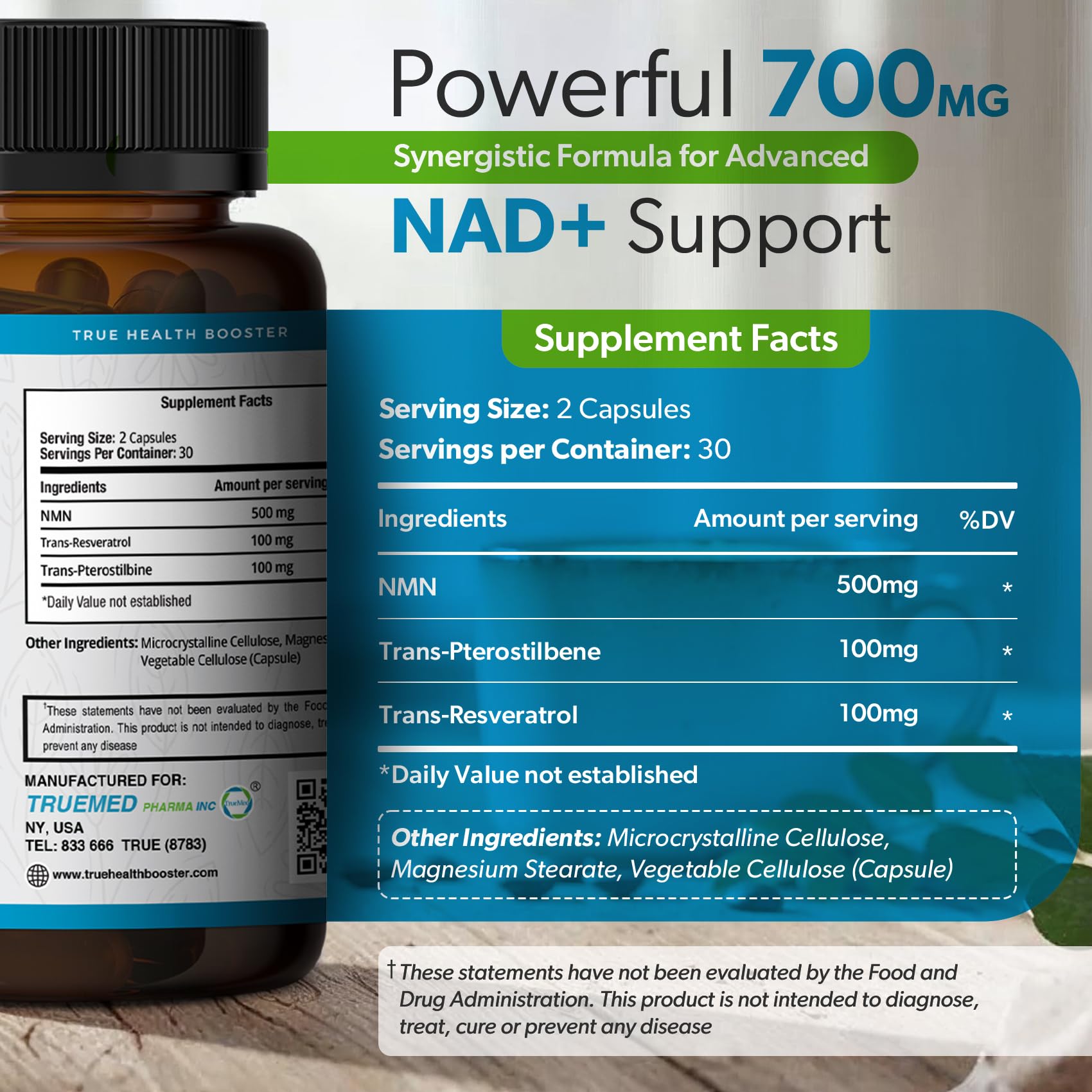 TRUEMED NMN Synergy+ 700mg – Premium NMN Supplement with Resveratrol & Pterostilbene | Advanced NAD+ Supplement for Cellular Energy, & Wellness Support | Non-GMO, Vegan, 60 Capsules TRUEMED buy supplements canada