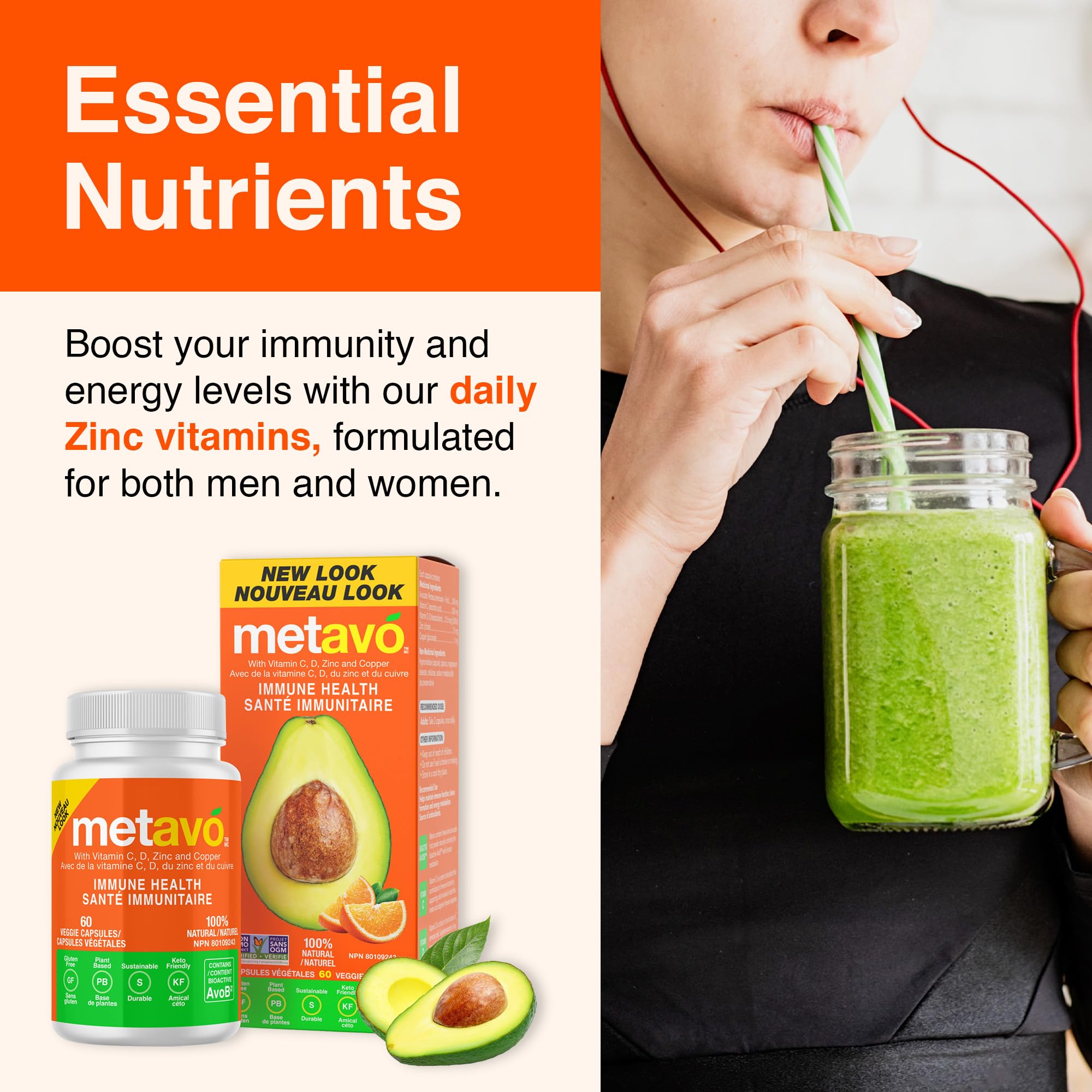 Metavo Immune Health - Natural Immune Support Supplement, Essential Zinc Supplements for Men & Women Enriched with Vitamin C, D & Copper, 60 Vegan Capsules, 30 Servings Metavo buy supplements canada