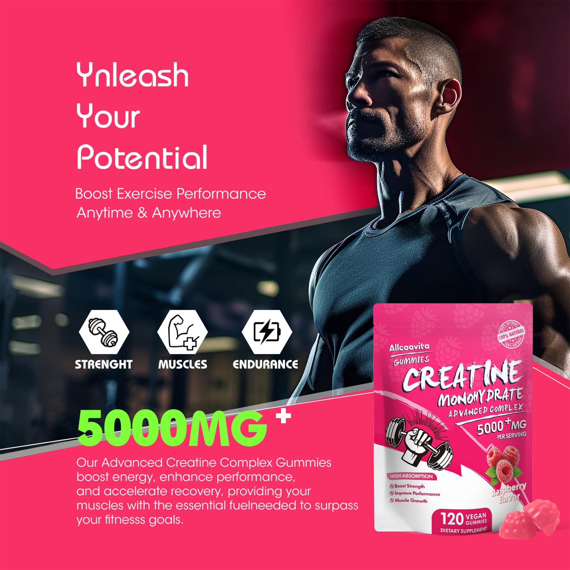 NSF Certified Creatine Gummy - Creatine Monohydrate Gummies 5000mg for Men & Women -120 Gummies Advanced Formula, Muscle Strength, Muscle Builder, Energy Boost, Pre-Workout Supplement-Raspberry Allcoovita buy supplements canada