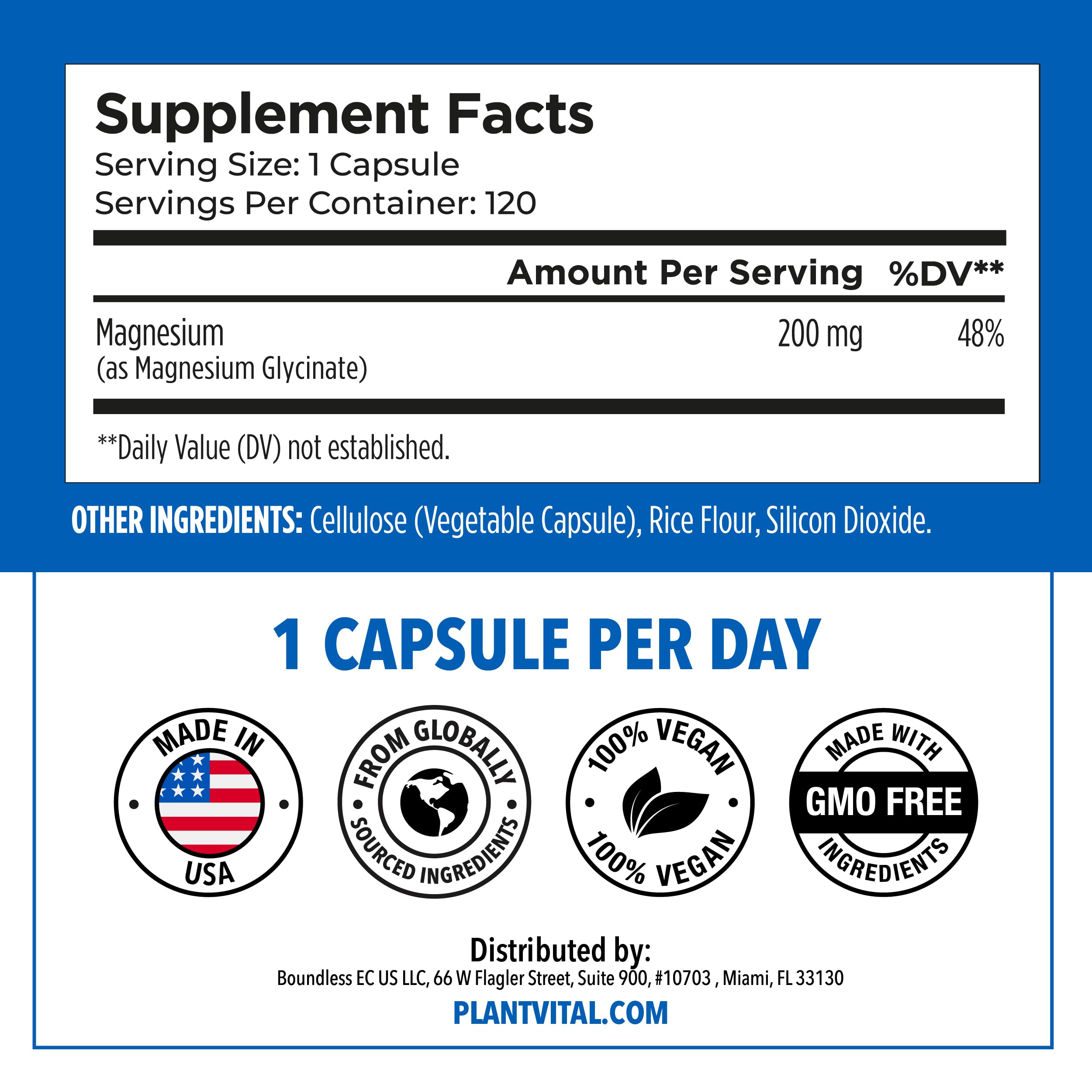 PlantVital Magnesium Glycinate 200mg - Supports Restful Sleep, Muscle & Nerve Function, Normal Heart & Bone Health - Feel Calm & Relax - Vegan, Third Party Tested, Gluten Free, Non-GMO - 120 Capsules Plantvital buy supplements canada