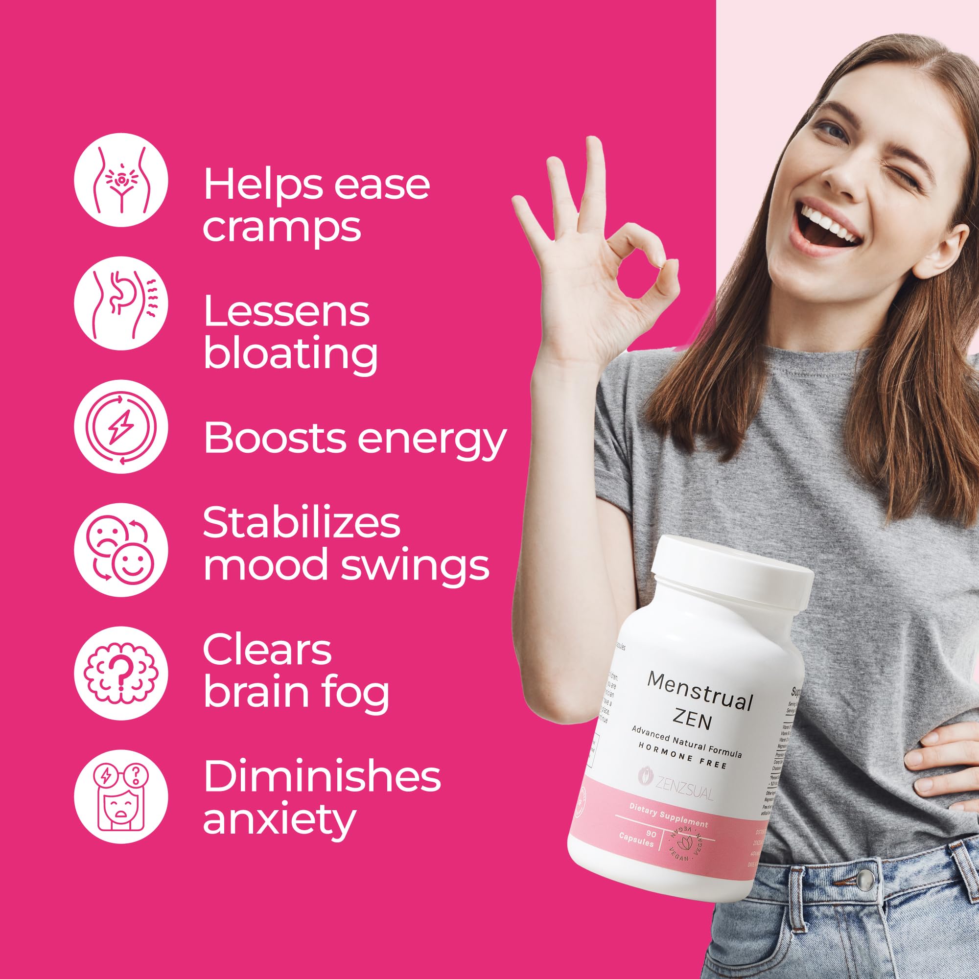ZENZSUAL Menstrual Zen Natural and Hormone-Free Supplement – Support for Menstrual Cramps, Mood Swings and Period Pain – Diuretic Effect (90 Capsules / 2.7 Oz) ZENZSUAL buy supplements canada