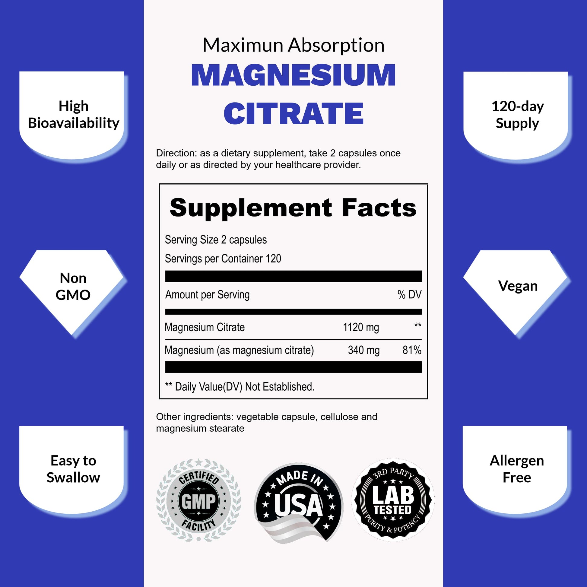 UpNourish Pure Magnesium Citrate (Citrato de Magnesio) 1120mg, 240 Capsules UpNourish buy supplements canada