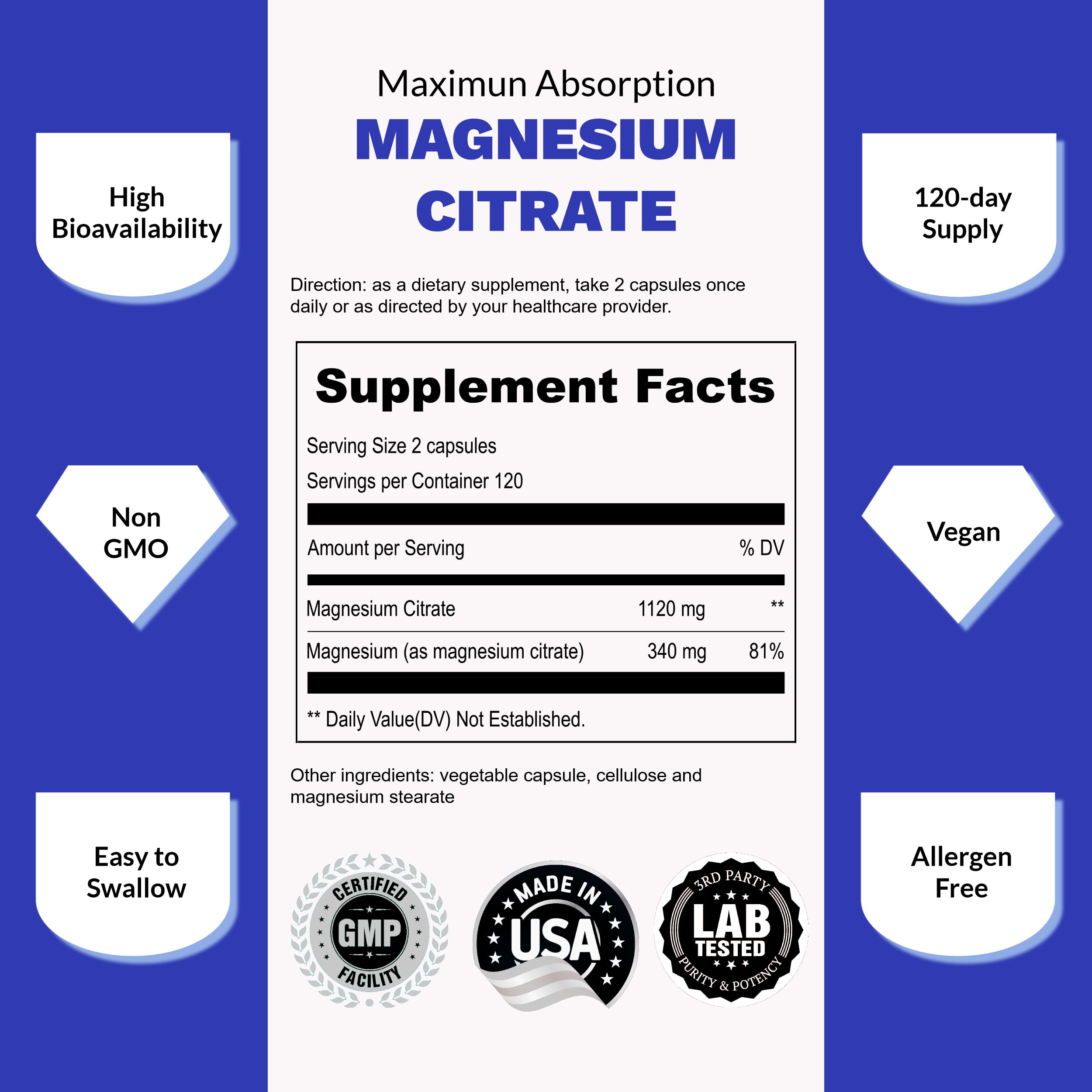 UpNourish Pure Magnesium Citrate (Citrato de Magnesio) 1120mg, 240 Capsules UpNourish buy supplements canada
