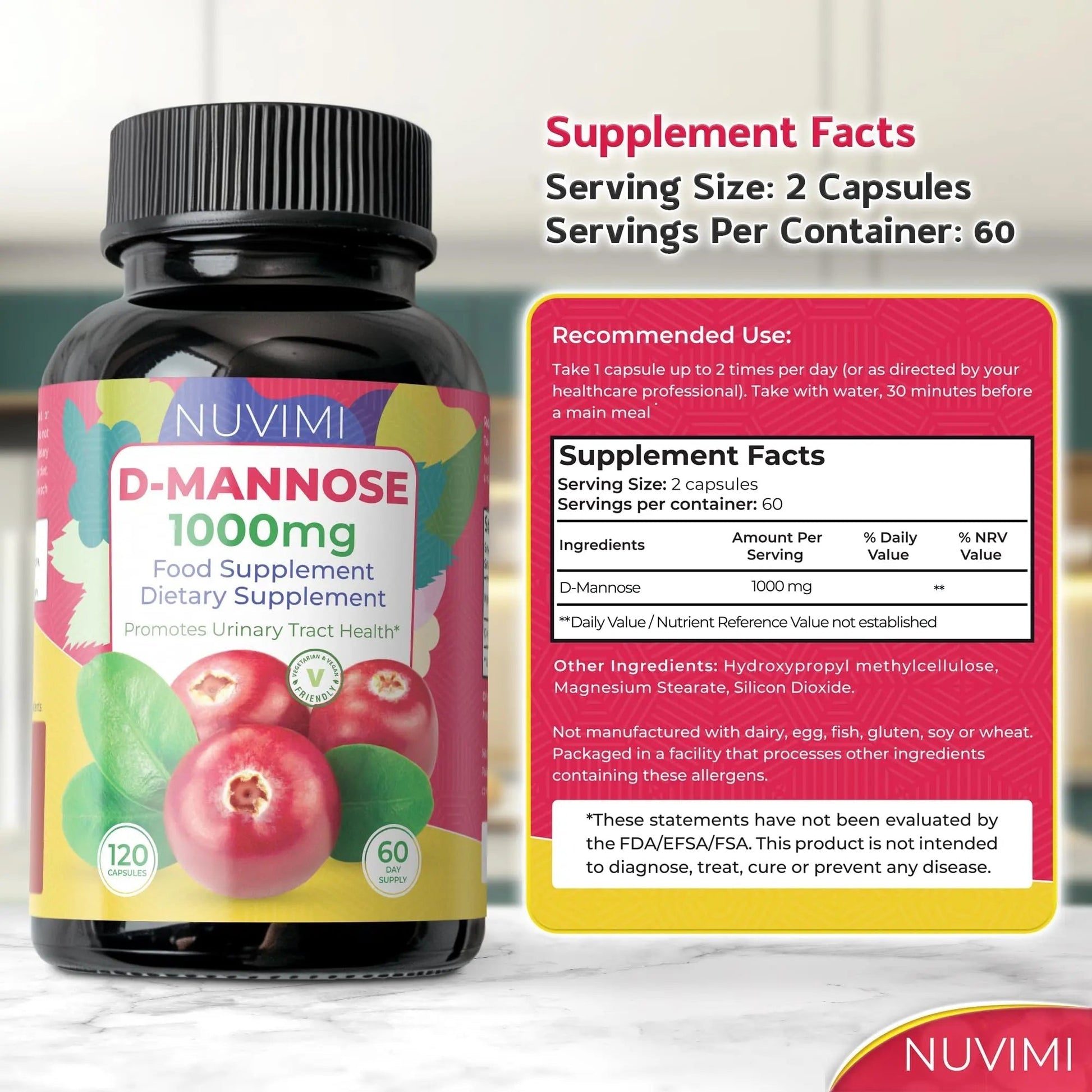 NUVIMI D Mannose 120 Capsules - 1000 mg per Dose - Dietary Supplement Helps Promote Urinary Tract Health - Natural Vegan UTI Defense NUVIMI buy supplements canada