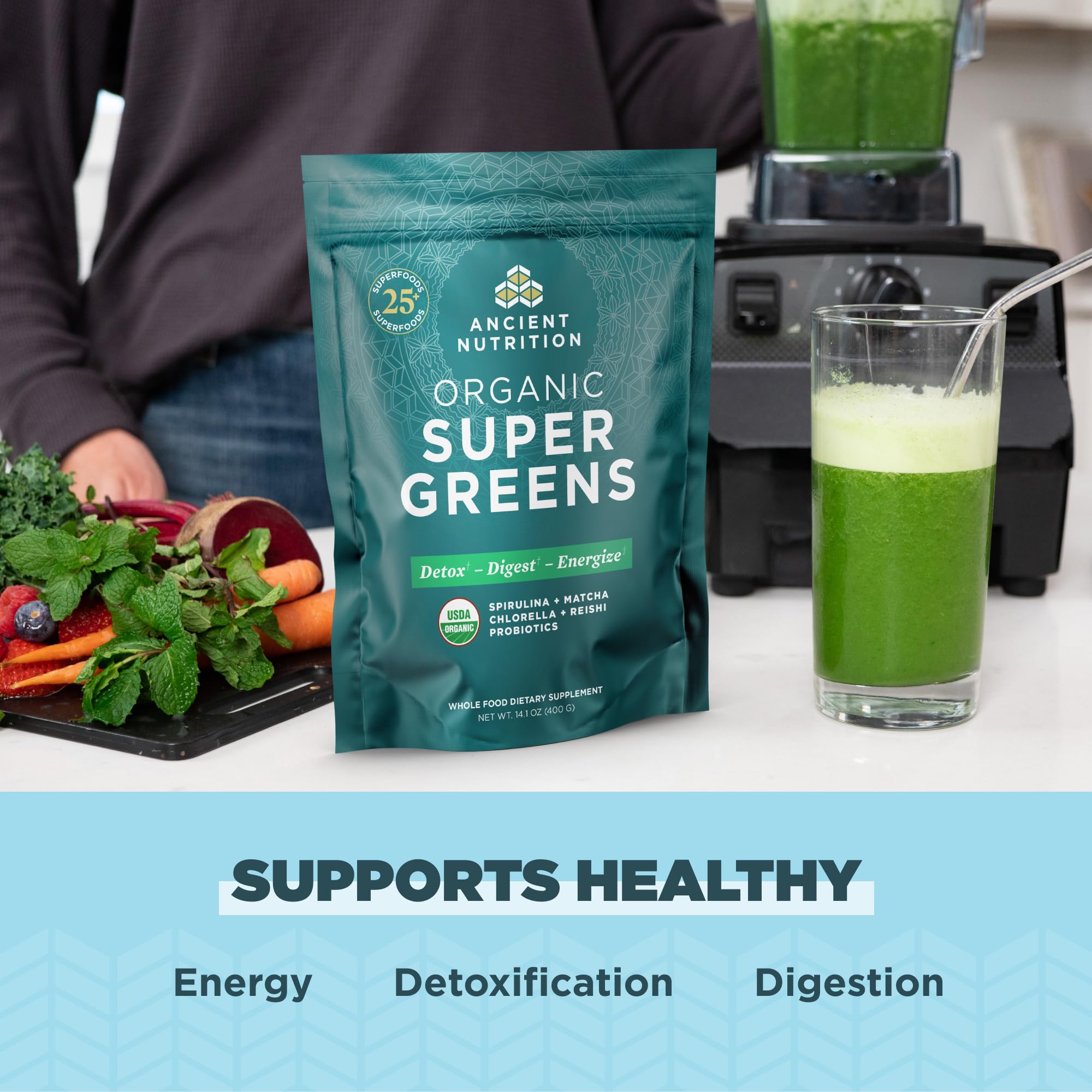 Ancient Nutrition Super Greens Powder, Organic Superfood Powder with Probiotics Made with Spirulina, Chlorella, Matcha, and Digestive Enzymes, 50 Servings, 14.1 oz Ancient Nutrition buy supplements canada