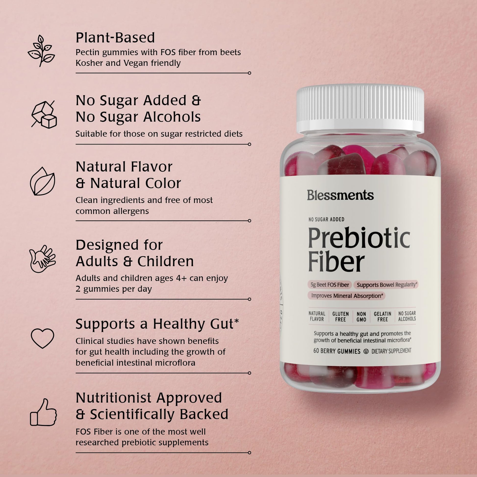 Blessments - Prebiotic Fiber Gummies for Adults & Kids with No Added Sugar- 5g (60 Count) High Fiber Supplement Gummies - Vegan - Keto Friendly - Digestive Health Supplements Blessments buy supplements canada