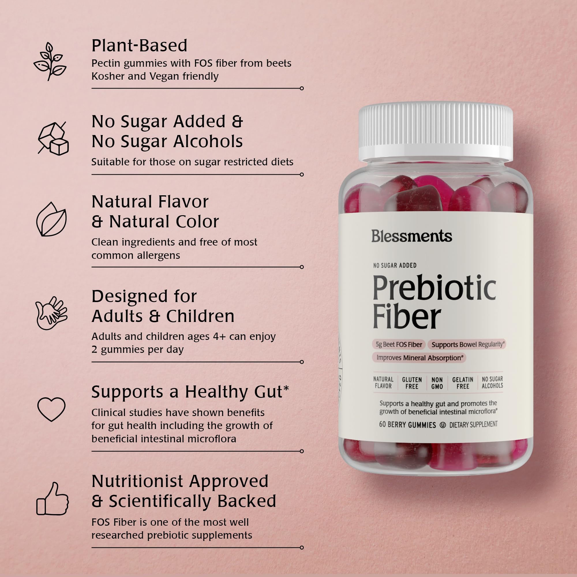 Blessments - Prebiotic Fiber Gummies for Adults & Kids with No Added Sugar- 5g (60 Count) High Fiber Supplement Gummies - Vegan - Keto Friendly - Digestive Health Supplements Blessments buy supplements canada