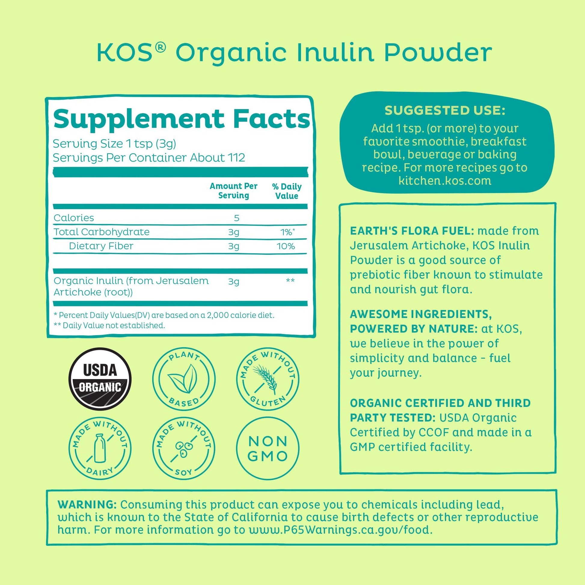 KOS Organic Inulin Powder, Unflavored & Unsweetened Superfood - Vegan Inulin for Prebiotic Intestinal Support, Digestive Health Promoting - USDA Certified, Non-GMO KOS buy supplements canada