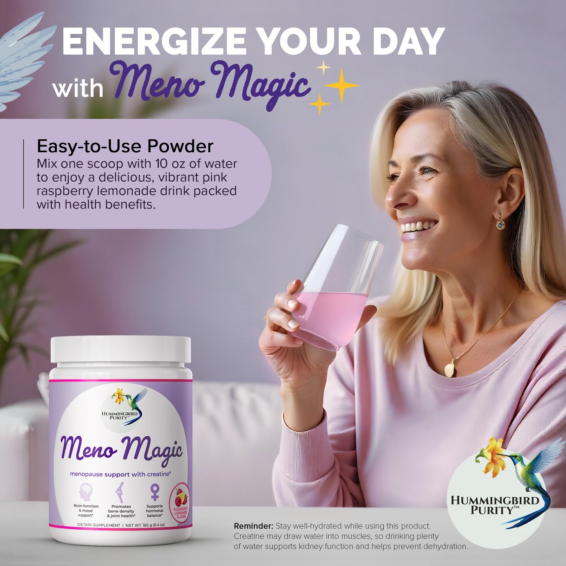 Meno Magic Menopause Support Drink – Raspberry Lemonade with Creatine, Herbs & Vitamins | 30 Servings Hummingbird Purity buy supplements canada