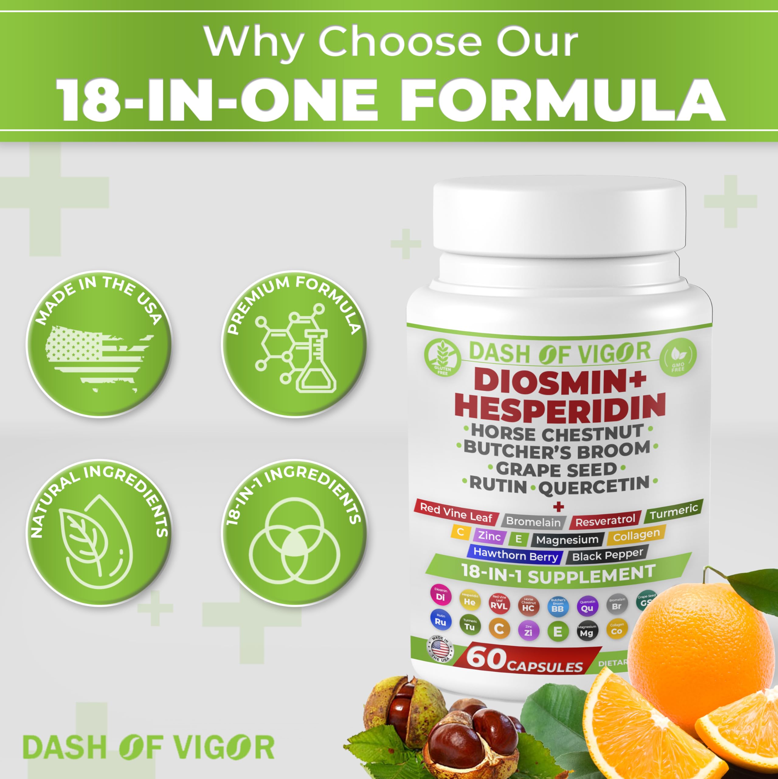 Dash of Vigor 18-in-1 Diosmin Hesperidin Supplement, Quercetin with Bromelain, Zinc, Vitamin C with Rutin Supplement, Horse Chestnut Extract, Butcher's Broom Extract, USA, 60 Capsules DASH OF VIGOR DOFV buy supplements canada
