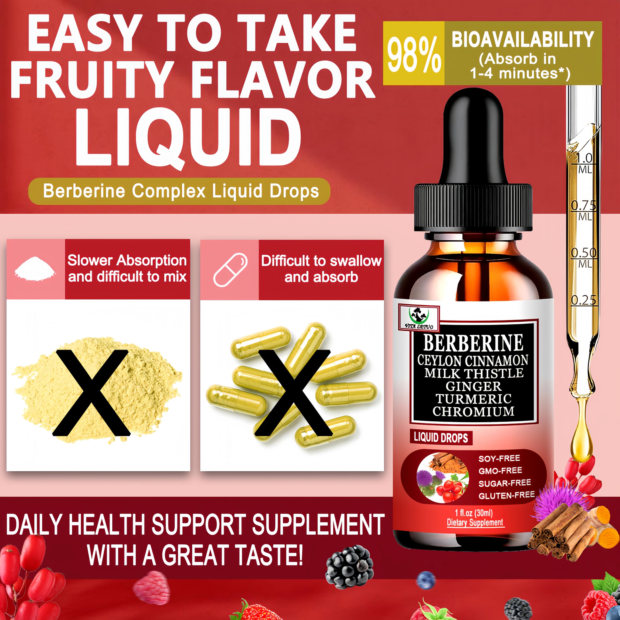 Berberine Drops, High Absorption 6-in-1 Liquid Berberine Supplement with Ceylon Cinnamon Milk Thistle Turmeric, Premium Berberine HCl for Immune Function Metabolic & Digestive Support, 30 Servings Vita letuo buy supplements canada