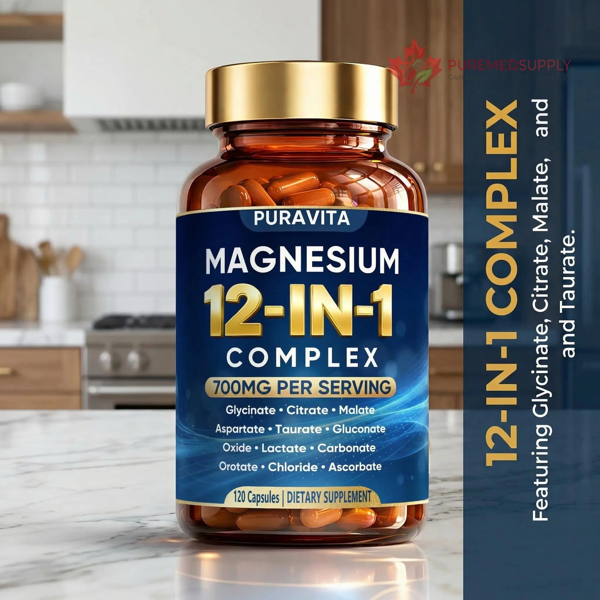 Puravita 12 in 1 Magnesium Complex Capsules - 700mg High Absorption Blend with Glycinate, Citrate, Malate, Oxide & Taurate. Supports Muscle Function, Nerve Health & Relaxation - 120 Capsules (1) PURAVITA buy supplements canada