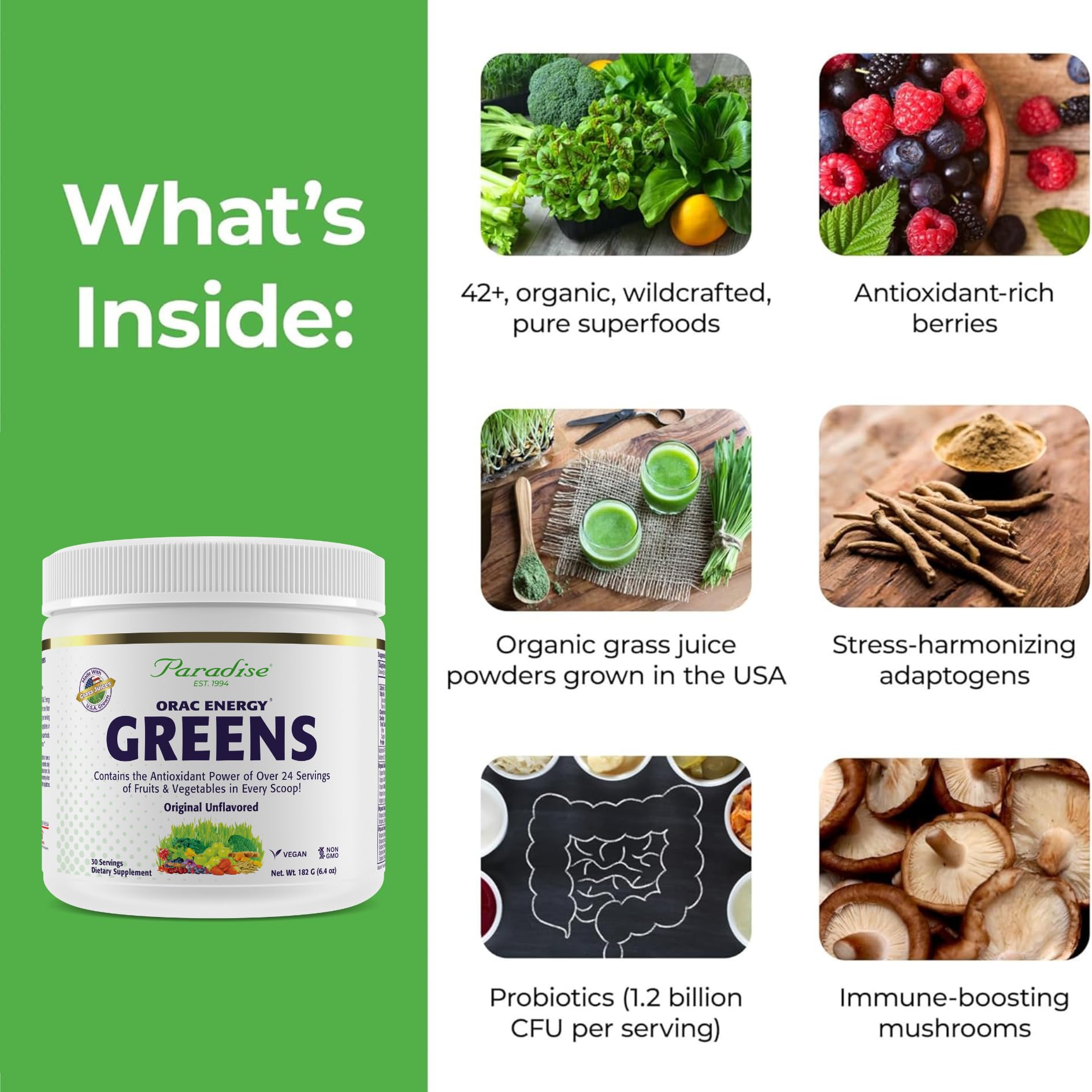 Paradise, ORAC Energy Greens Powder Extract, Super Antioxidants, Probiotics for Gut Health & Digestion, Vitamin C for Immunity, with Spirulina & Chlorella, Non-GMO, Gluten Free, 30 Servings Paradise Herbs buy supplements canada