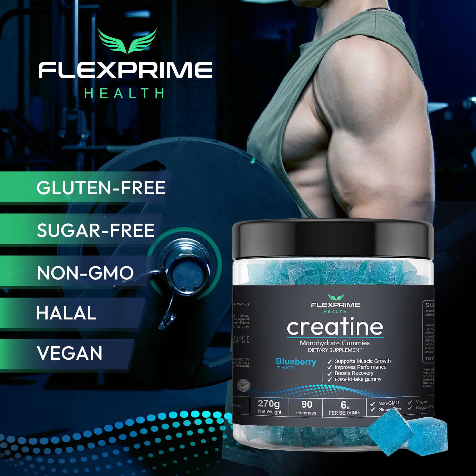 FlexPrime Creatine Gummies Sugar Free - 6g Creatine Monohydrate + L-Taurine, Alpha GPC, Betaine | Vegan Halal Blueberry Chews for Lean Muscle, Strength, Brain Health | Men Women 90 Count FlexPrime buy supplements canada