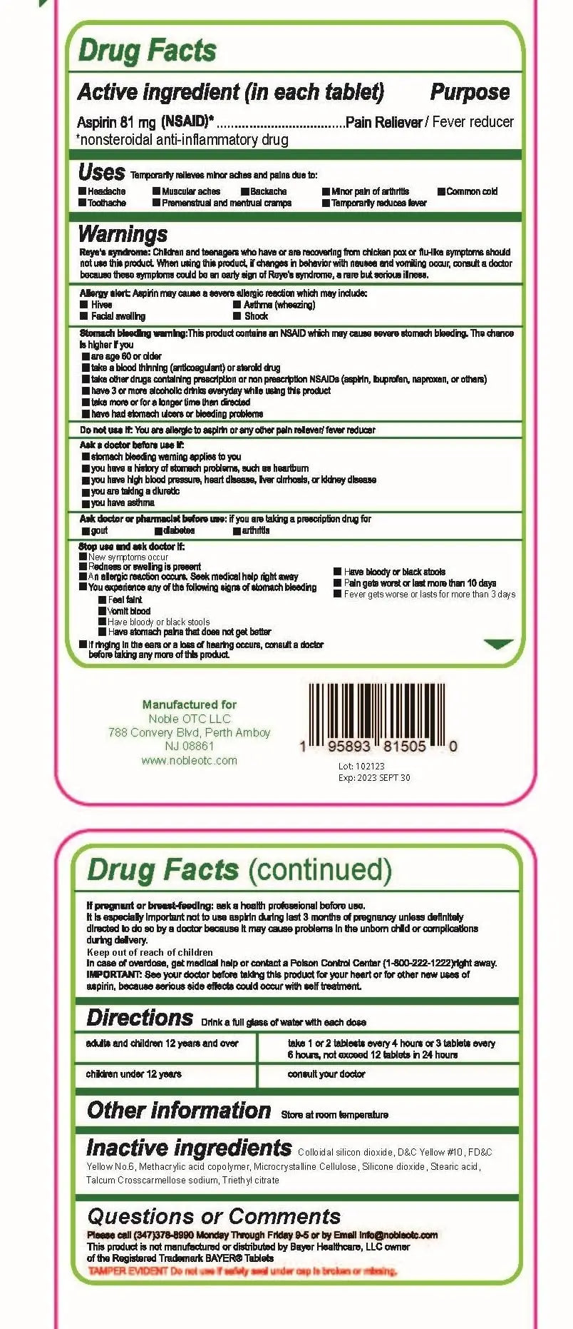 Pure Low Dose Baby Aspirin 81mg for Adults, 100 Count Enteric Coated Aspirin Tablets for Men and Women, Safe Relief for Symtoms Associated with Headache, Arthritis, Cramps NobleAid buy supplements canada