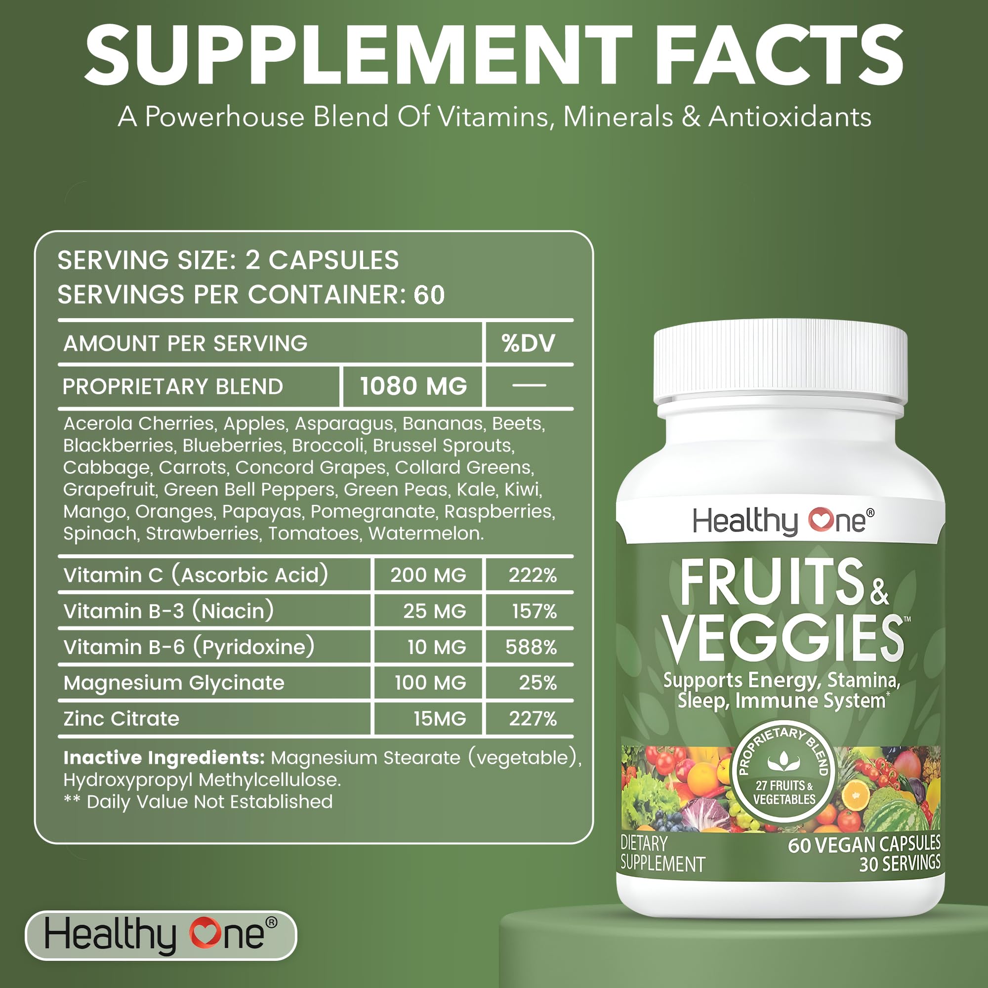 Fruits & Veggies Formula - 27 Premium Whole Foods - Organic Ingredients - Equals 3 Servings of Fruits & Vegetables - Improve Energy, Focus & Immune Function - Fiber - Antioxidants - 120ct (60 Serv) Healthy One buy supplements canada