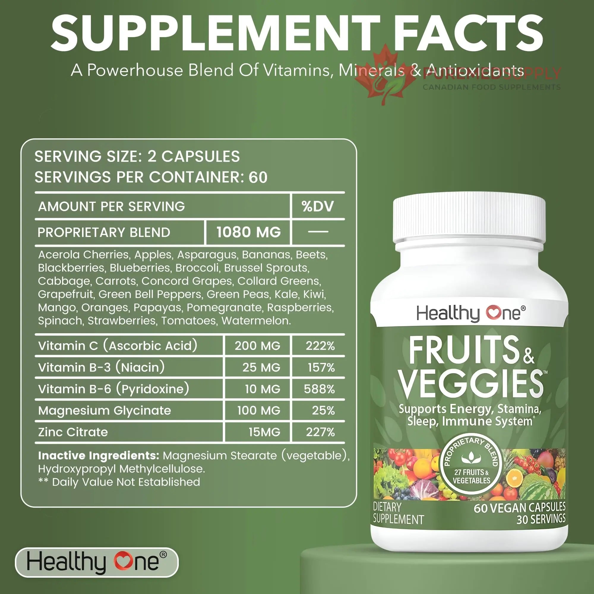 Fruits & Veggies Formula - 27 Premium Whole Foods - Organic Ingredients - Equals 3 Servings of Fruits & Vegetables - Improve Energy, Focus & Immune Function - Fiber - Antioxidants - 120ct (60 Serv) Healthy One buy supplements canada