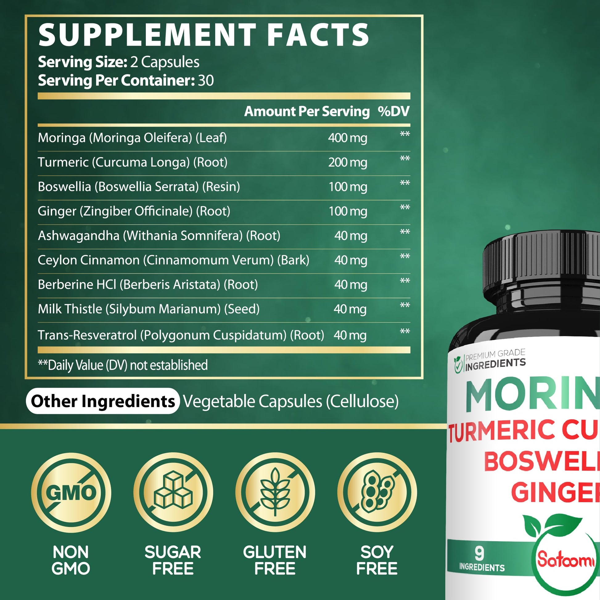 Satoomi 9in1 Moringa Capsules - Featuring Moringa, Turmeric, Boswellia, Ginger, Ashwagandha, Ceylon Cinnamon and Milk Thistle, and Resveratrol | Support Mood, Heart & Overall Health - 60 Count Satoomi buy supplements canada