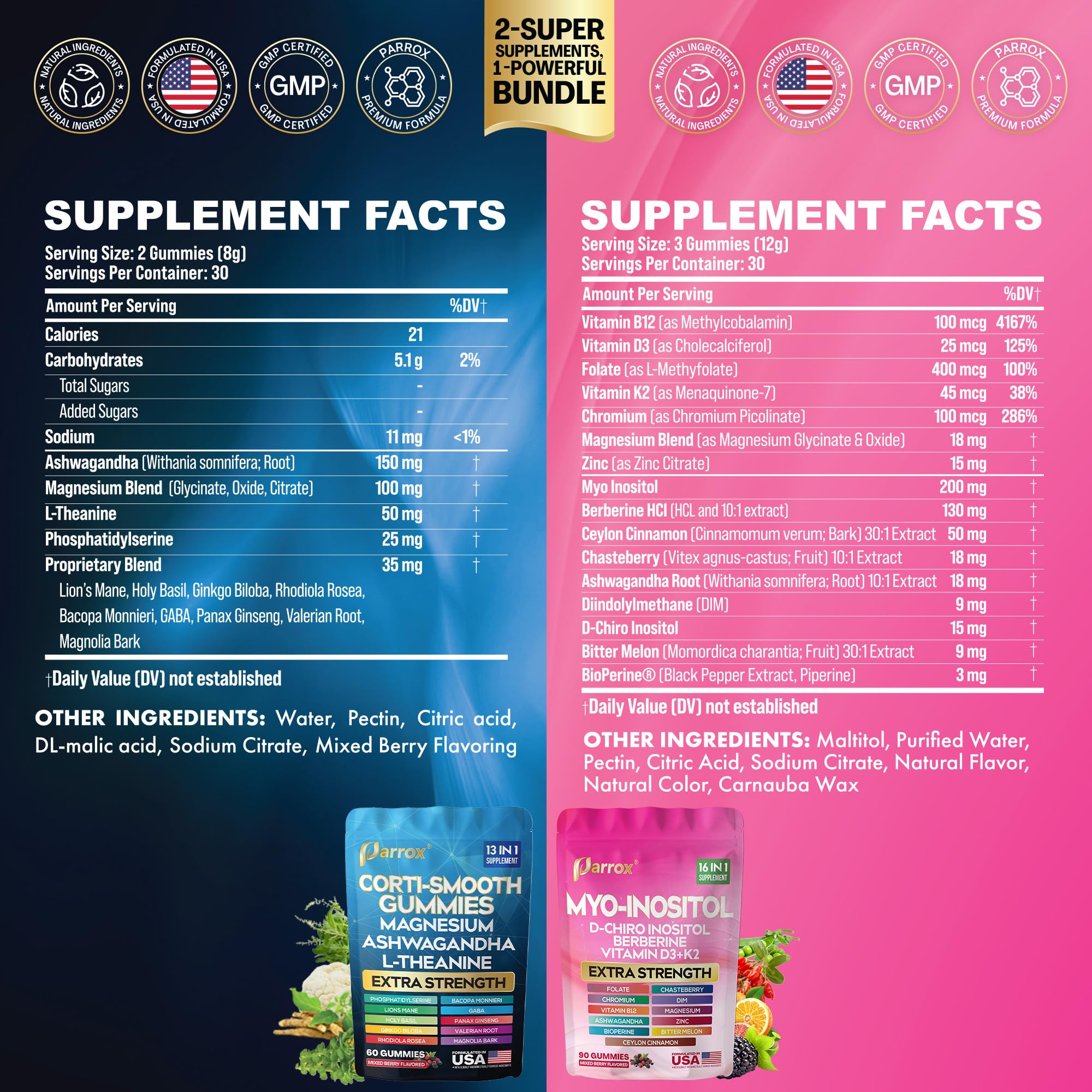 Soothe & Smooth Bundle Gummies - Cortisol & Myo-Inositol Supplement with D-Chiro Inositol, Berberine, Magenesium, Ashwagandha, L-Theanine, Vitamins D3+K2 & B12, Folate, Zinc Lion's Mane (150 Gummies) Parrox buy supplements canada