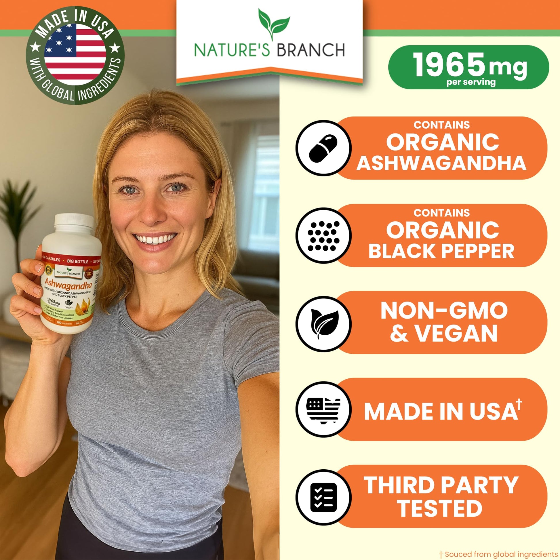 UDAF Certified Organic Ashwagandha with Black Pepper, 1965mg - Extra Strength for Stress, Sleep, Mood, Thyroid, Energy, Hair, Vegan Pure Root Extract Powder Supplement for Men and Women | 180 Capsules NATURE'S BRANCH buy supplements canada
