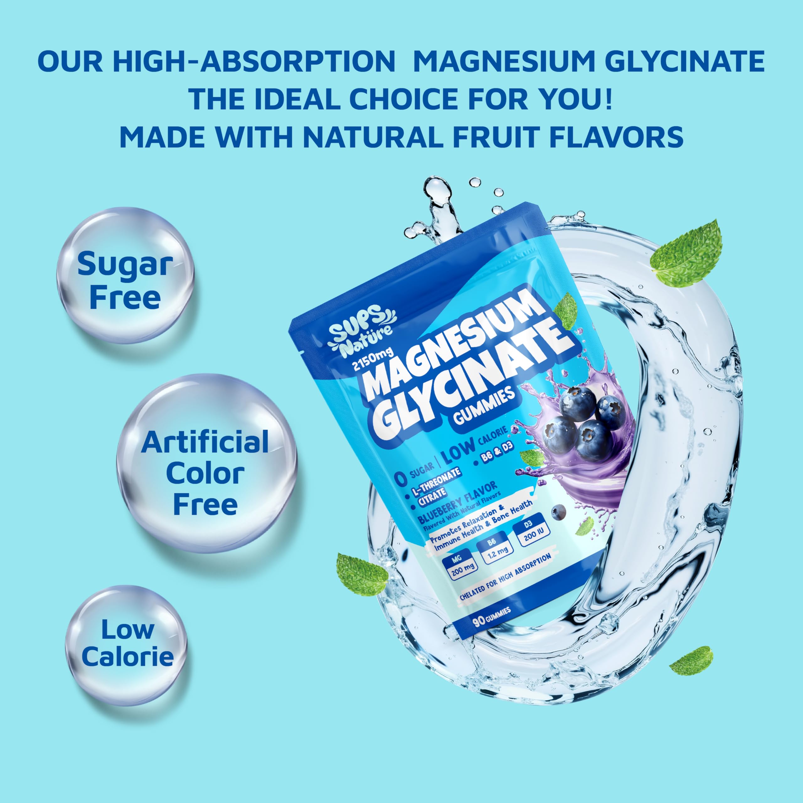 Magnesium Glycinate Gummies 2150 mg with Magnesium L-Threonate for Adults, Melatonin Free, High Absorption, Blueberry Flavor, 90 Count sups nature buy supplements canada