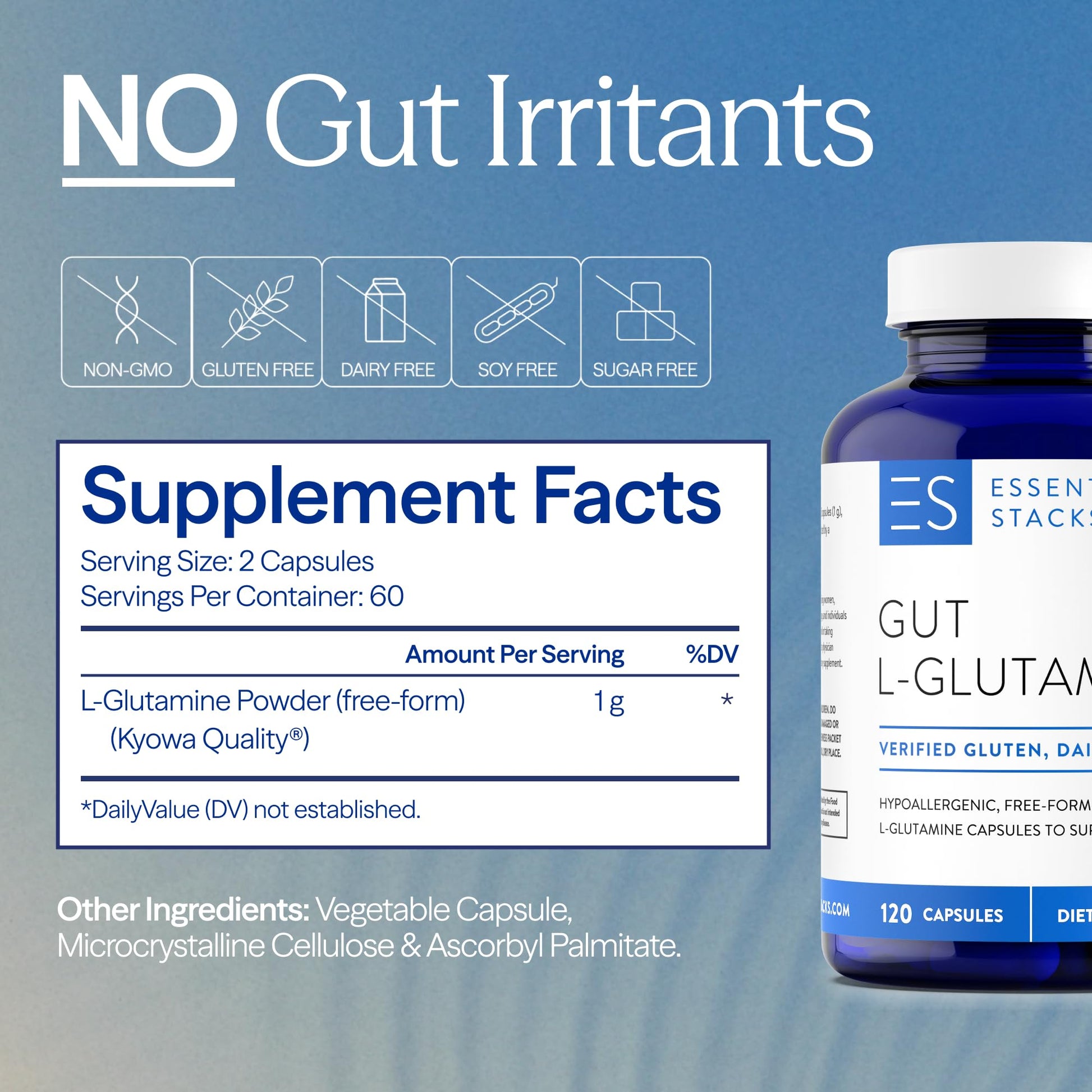 Essential Stacks Gut L-Glutamine Capsules 1000mg (Made in USA) - Gluten, Dairy & Soy Free, Non-GMO L Glutamine for Gut Health - 60 Serves (120 Caps) Essential Stacks buy supplements canada